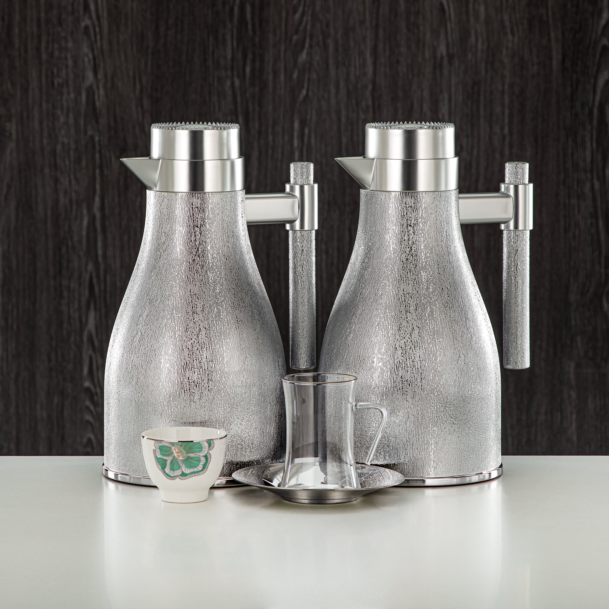 طقم ترامس المرجان 20 قطعة | فضي مطفي 1 لتر + 1 لتر (GOK-S-MS-MS + 18PCS-12257-1) – تقديم أنيق | التجمعات، المناسبات الخاصة، رمضان، عيد