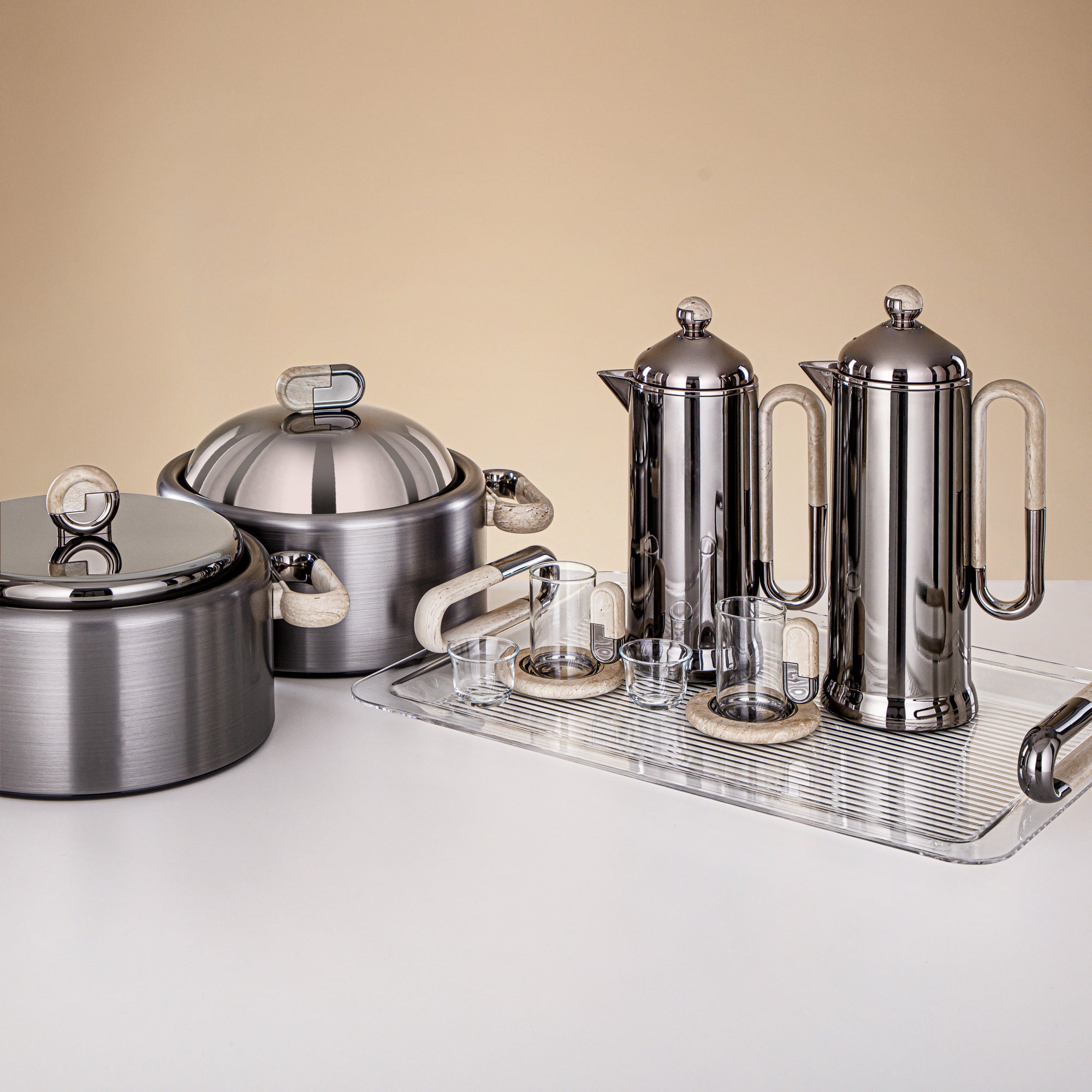 Almarjan 23 Pieces Serving Set, Gun Black & Travertine Marble