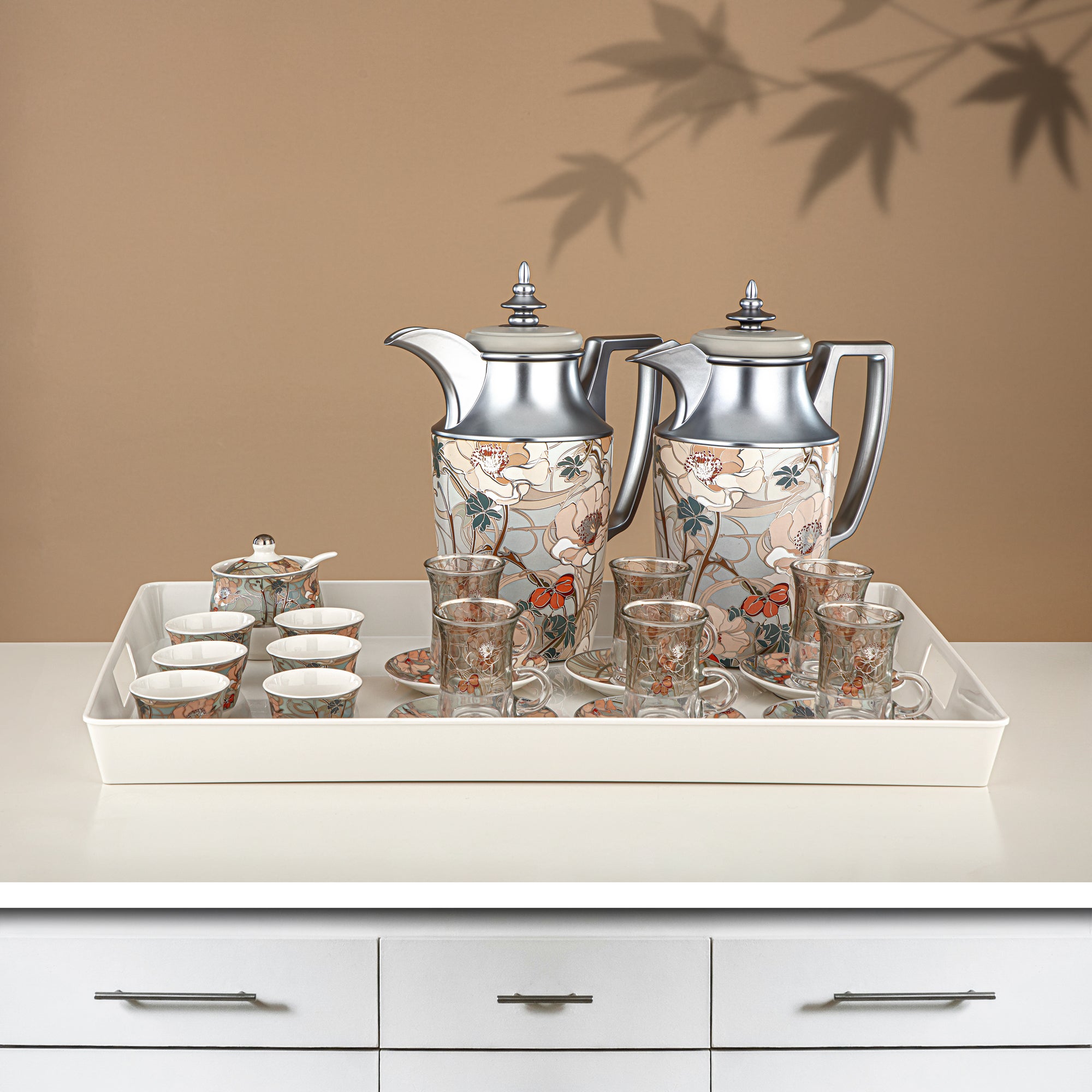 مجموعة طقم ترامس 24 قطعة، 1 لتر + 1 لتر، مزهر ومطفي فضي (24-JBH-TR-AZ02S) - مجموعة الشاي والقهوة الكاملة