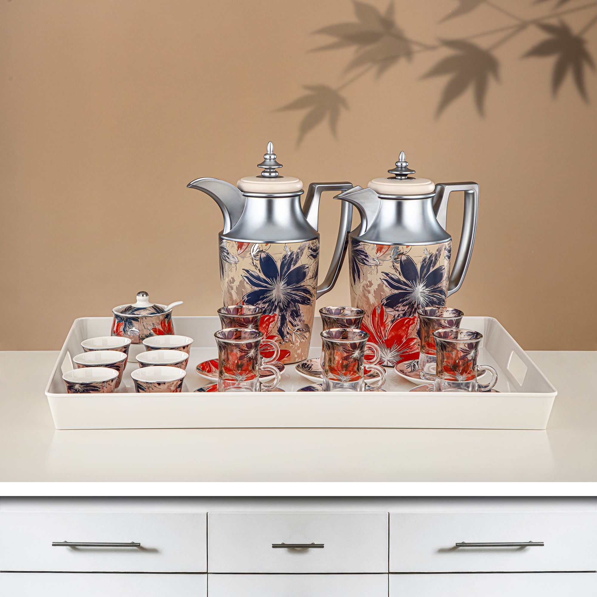 ألمرجان طقم ترامس 24 قطعة، 1 لتر + 1 لتر، مزهر ومطفي فضي (24-JBH-TR-AZ05S) - طقم الشاي والقهوة الكامل