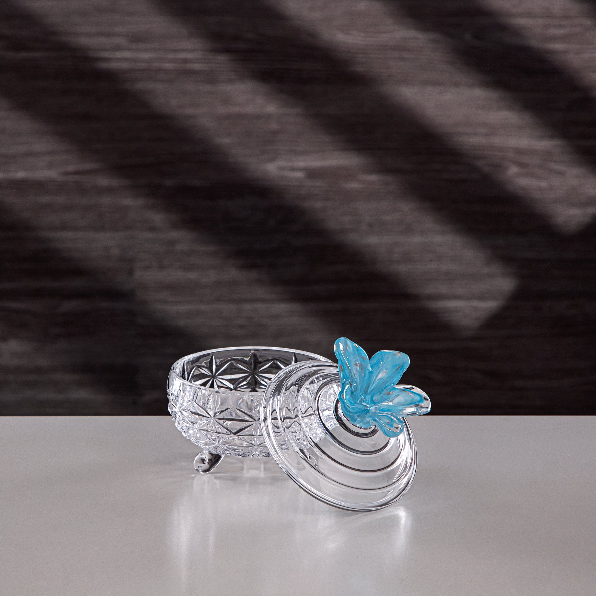 المرجان صحن سكر 10 سم زجاج شفاف مع زهرة زرقاء