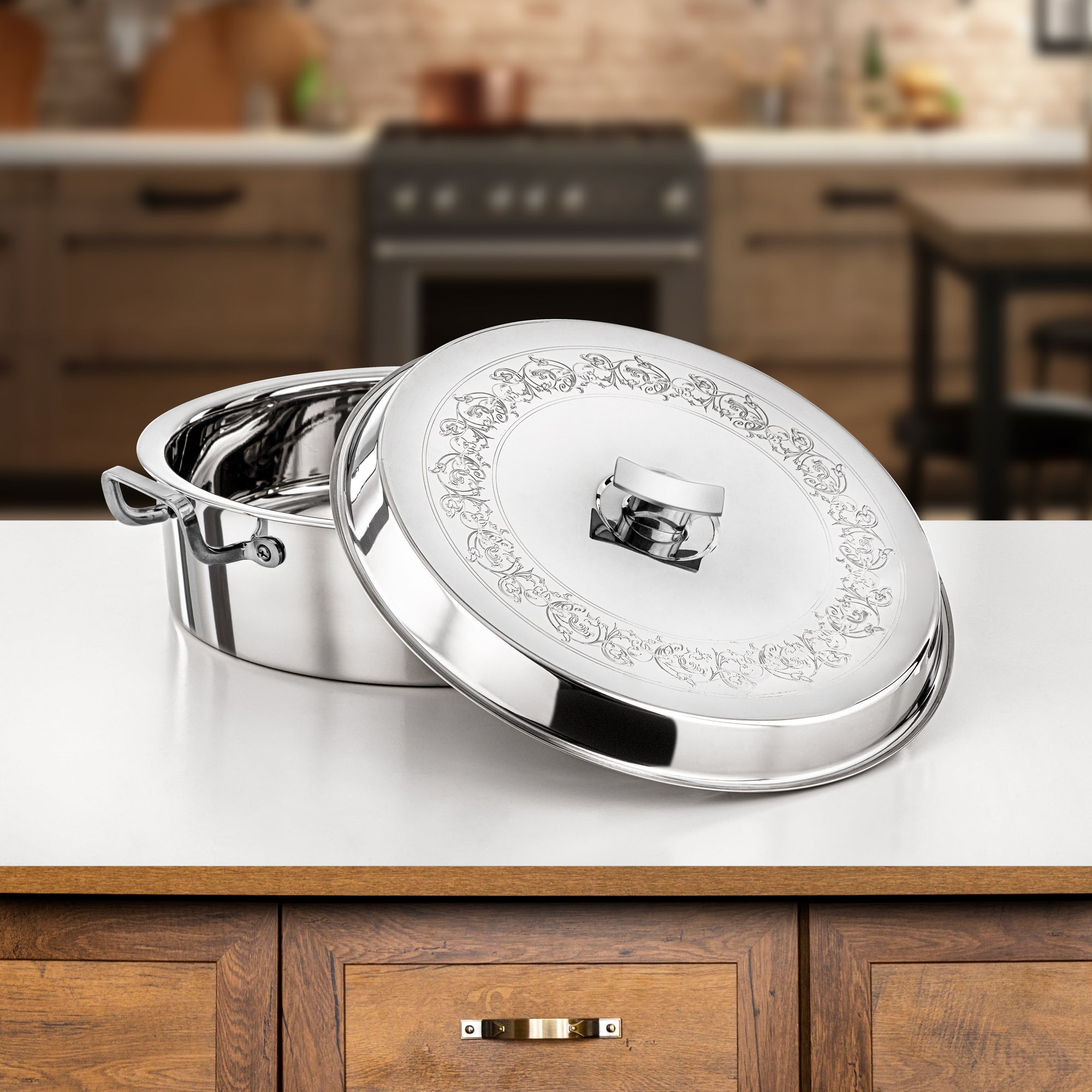 Almarjan Hot Pot Set Stainless Steel Silver Etched Cover 2-Piece 4800ml & 6000ml (H25P9) – Badr Collection | Exquisite Serveware