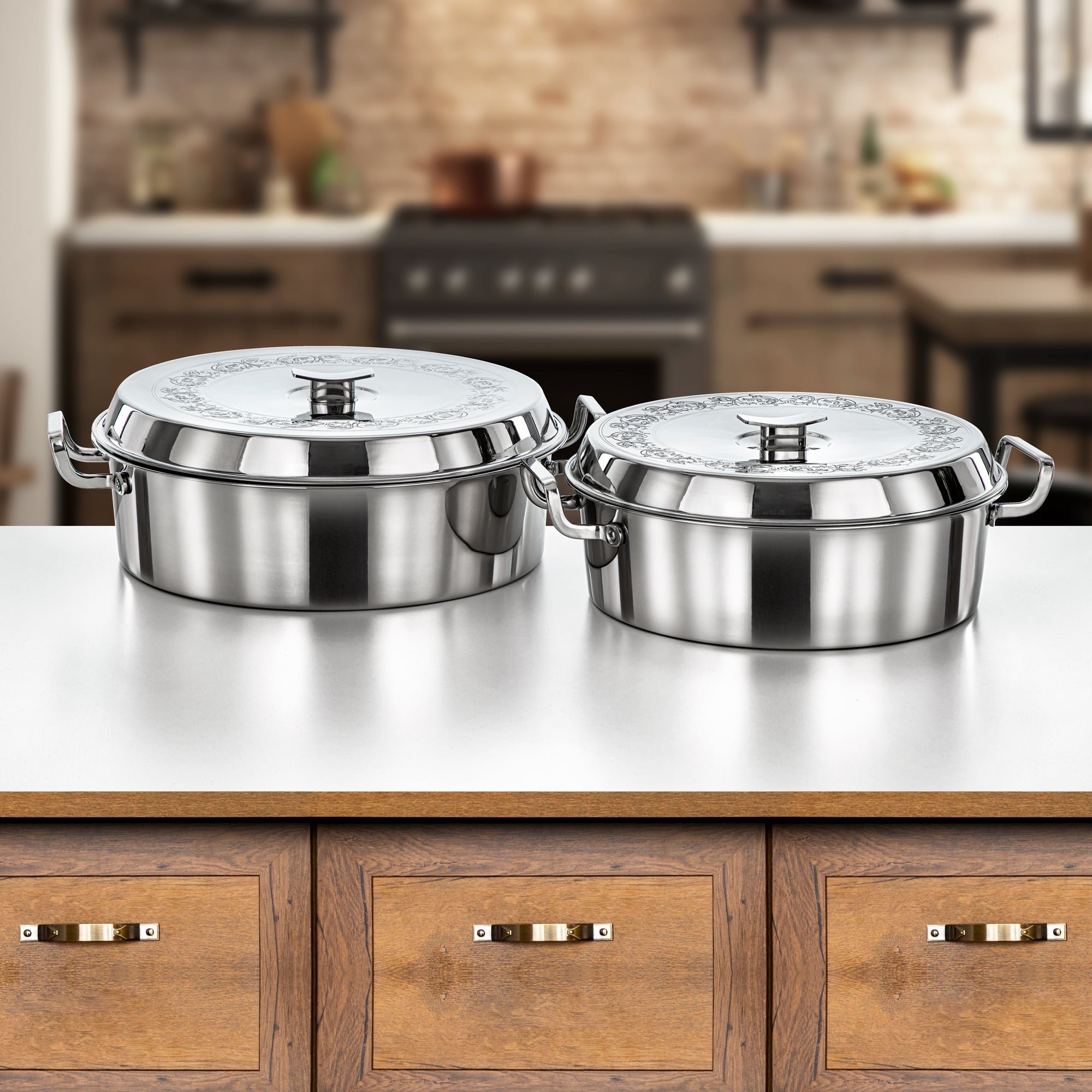 Almarjan Hot Pot Set Stainless Steel Silver Etched Cover 2-Piece 4800ml & 6000ml (H25P9) – Badr Collection | Exquisite Serveware