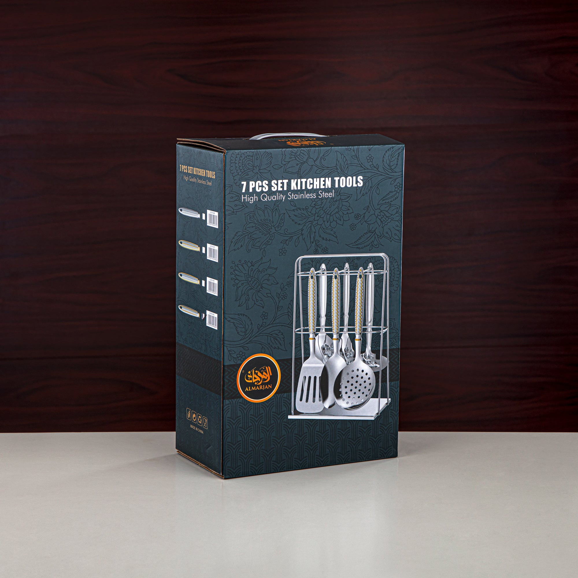 طقم أدوات مطبخ المرجان 7 قطع، ستانلس ستيل، مع حامل، فضي وذهبي (CUT0010472) أدوات مائدة أنيقة