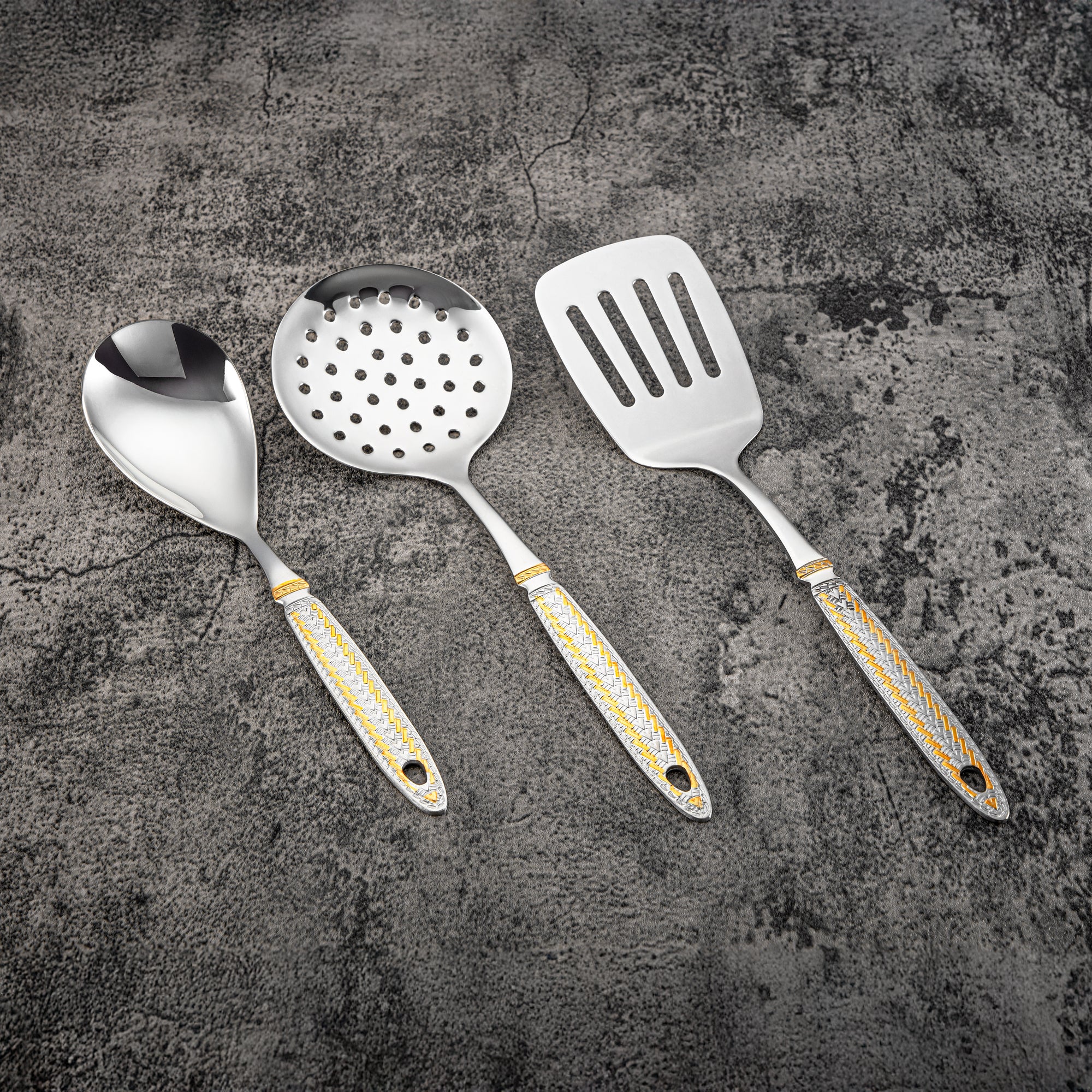 طقم أدوات مطبخ المرجان 7 قطع، ستانلس ستيل، مع حامل، فضي وذهبي (CUT0010472) أدوات مائدة أنيقة