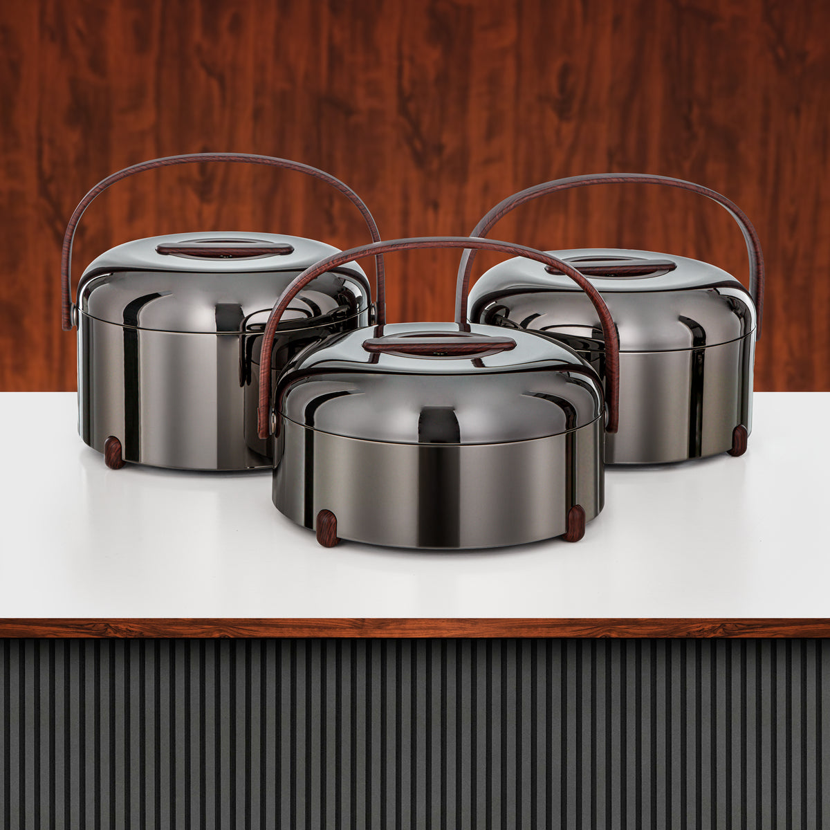 Almarjan 3 Pieces Hot Pot Set, Gun Black & Dark Wood