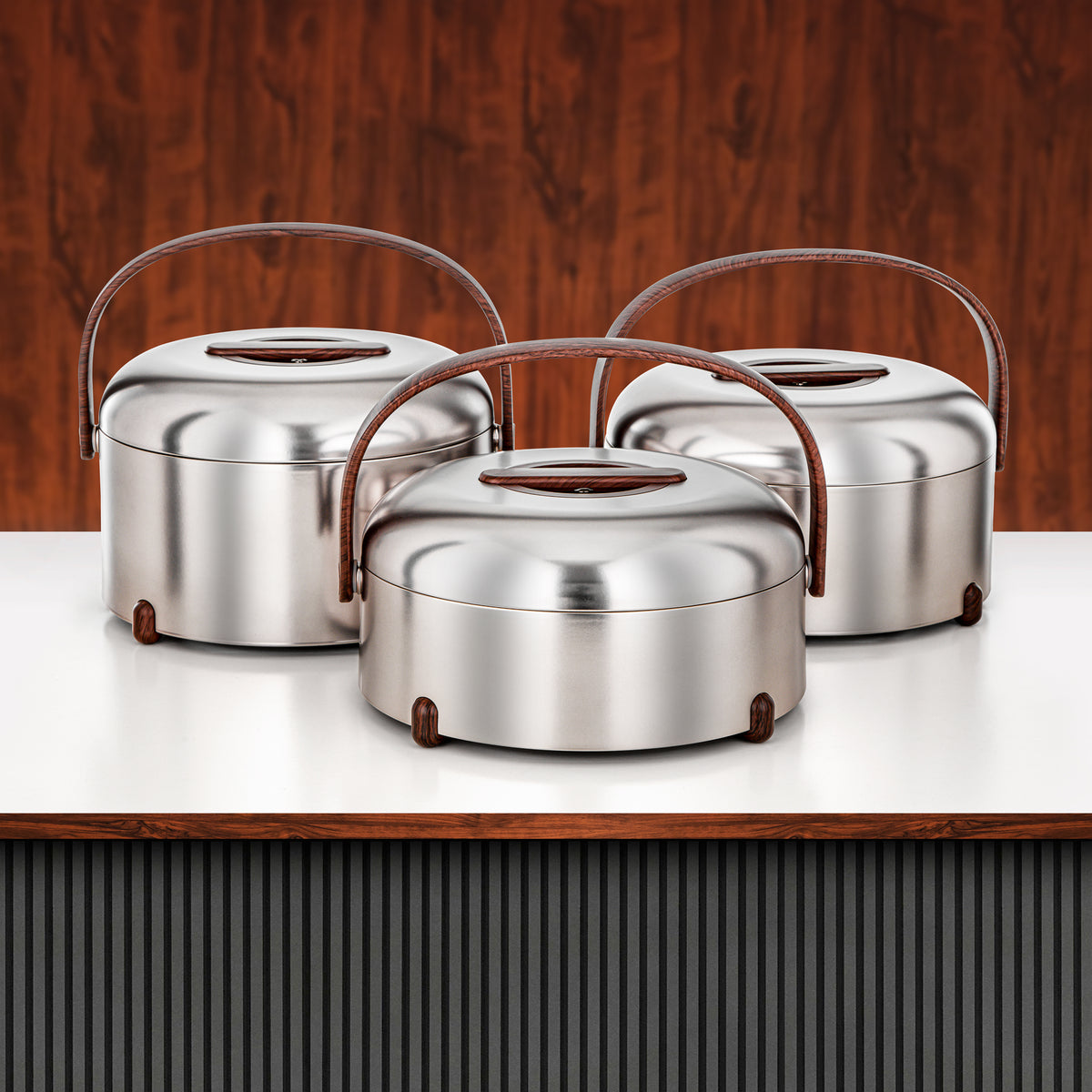 Almarjan 3 Pieces Hot Pot Set, Matt Silver & Dark Wood