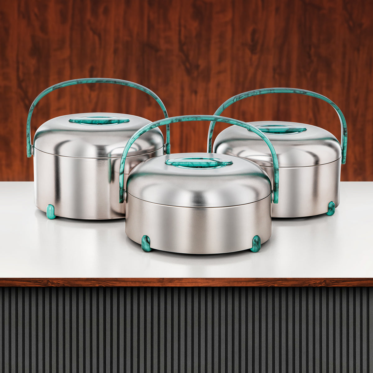 Almarjan 3 Pieces Hot Pot Set, Matt Silver & Tiffany Marble