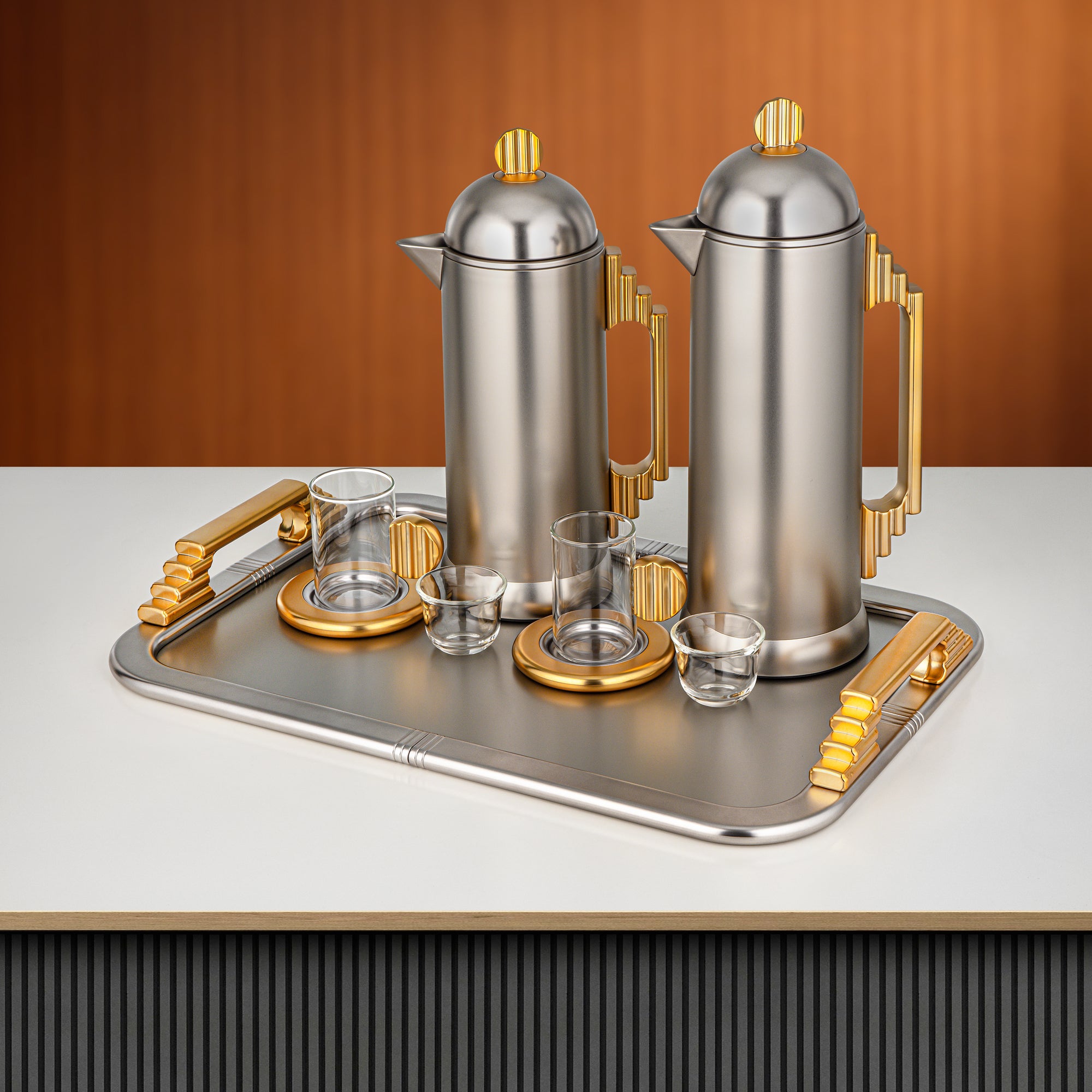 طقم شاي وقهوة المرجان 21 قطعة بلمسة نيكل غير لامع وذهبي