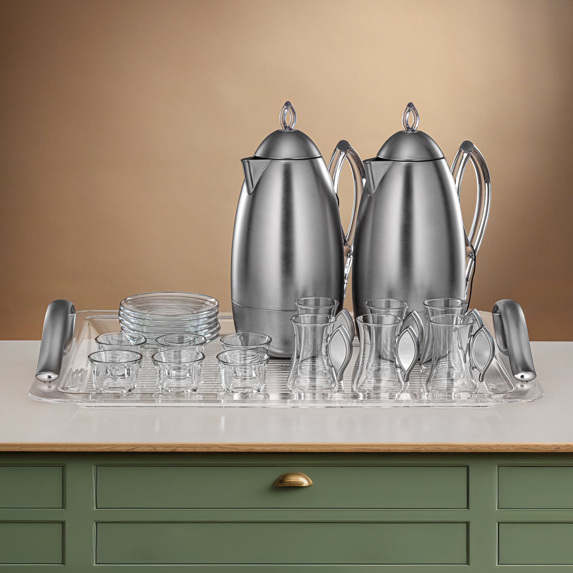 Almarjan Vacuum Flask Set 21-Piece Set matt nickel & transparent (FG212-21 MNI/TR)