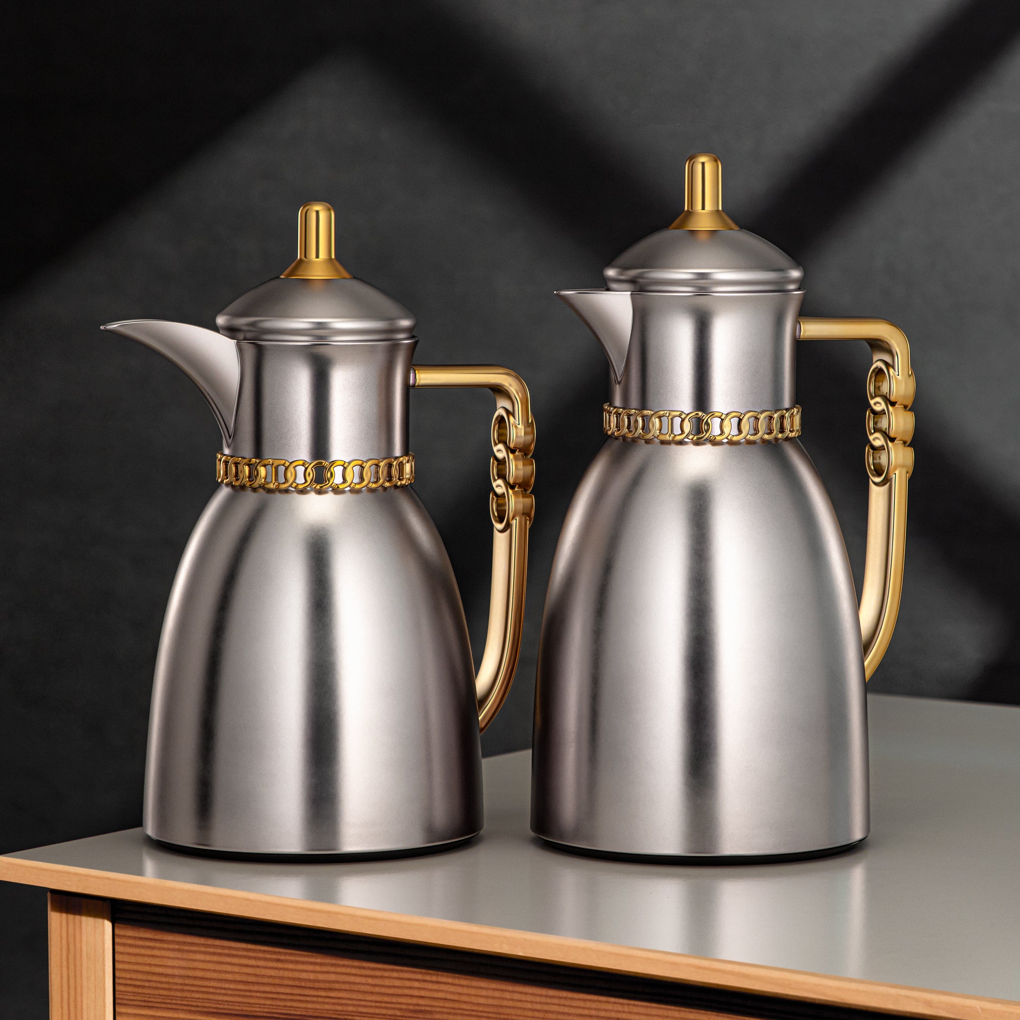 طقم ترامس المرجان 0.7 لتر و1 لتر مطفي نيكل وذهبي مطفي