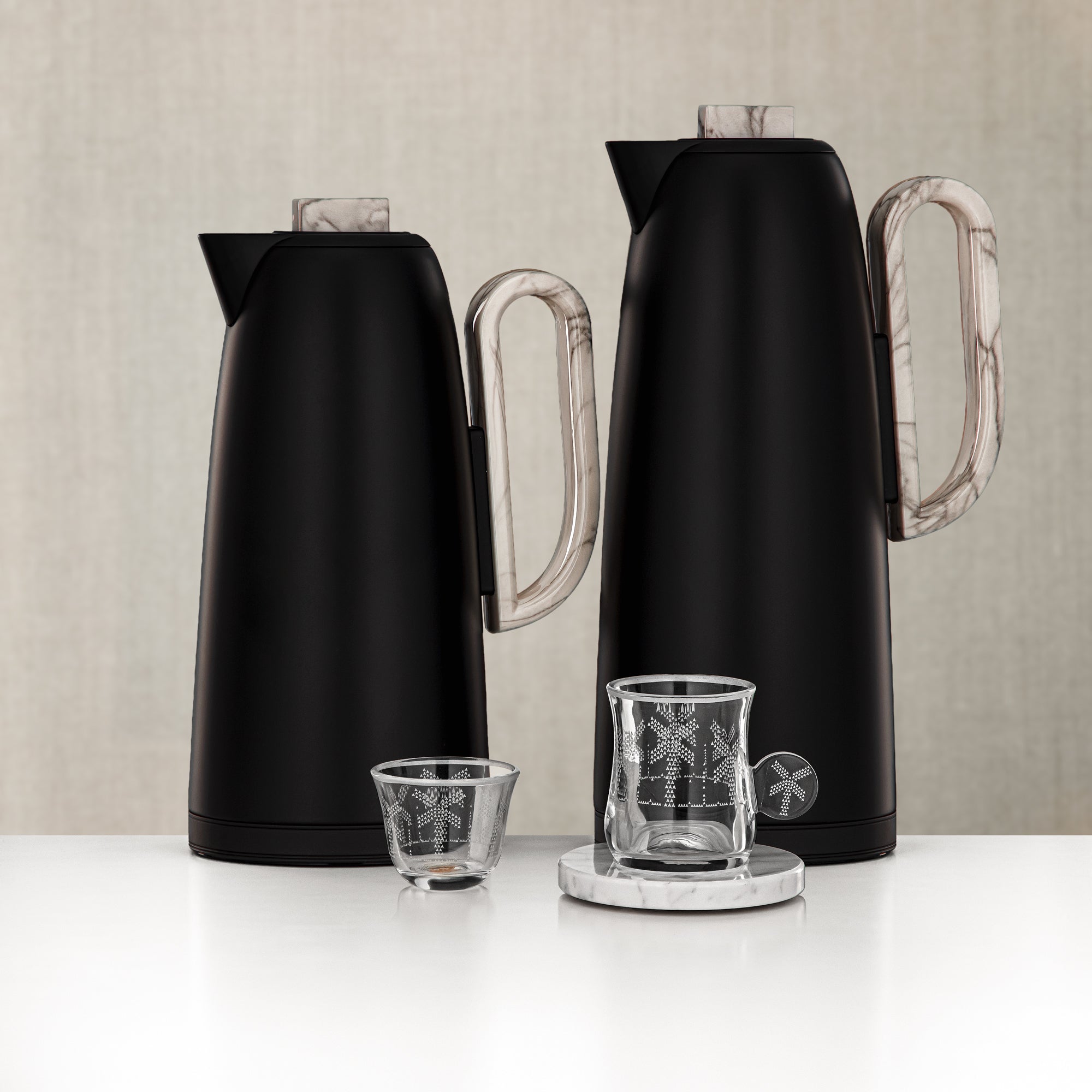 Almarjan Vacuum Flask & Tea Set 20 Pieces Matt Black with Marble Accents