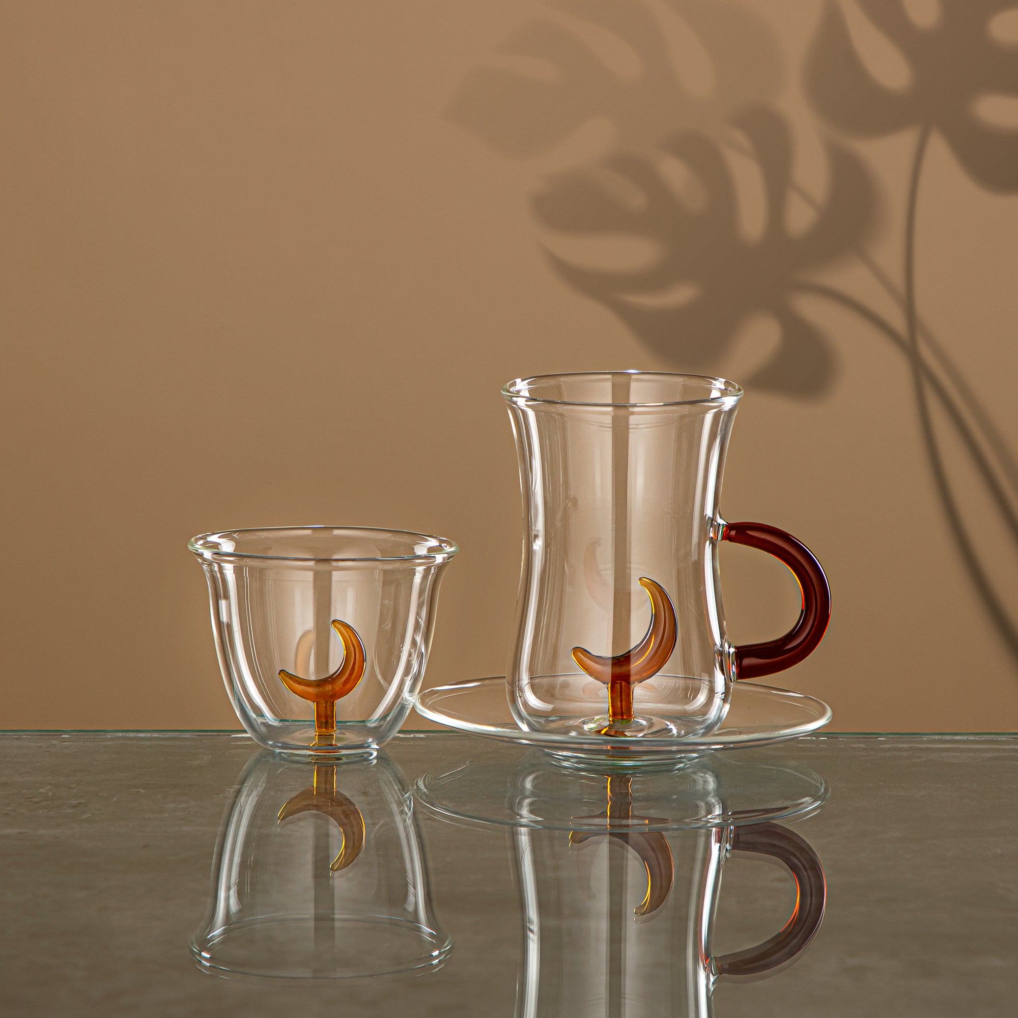 Almarjan Tea & Coffee Set 18 Pieces, Borosilicate Glass, Clear & Amber (GLS0010171) - Moonrise Collection