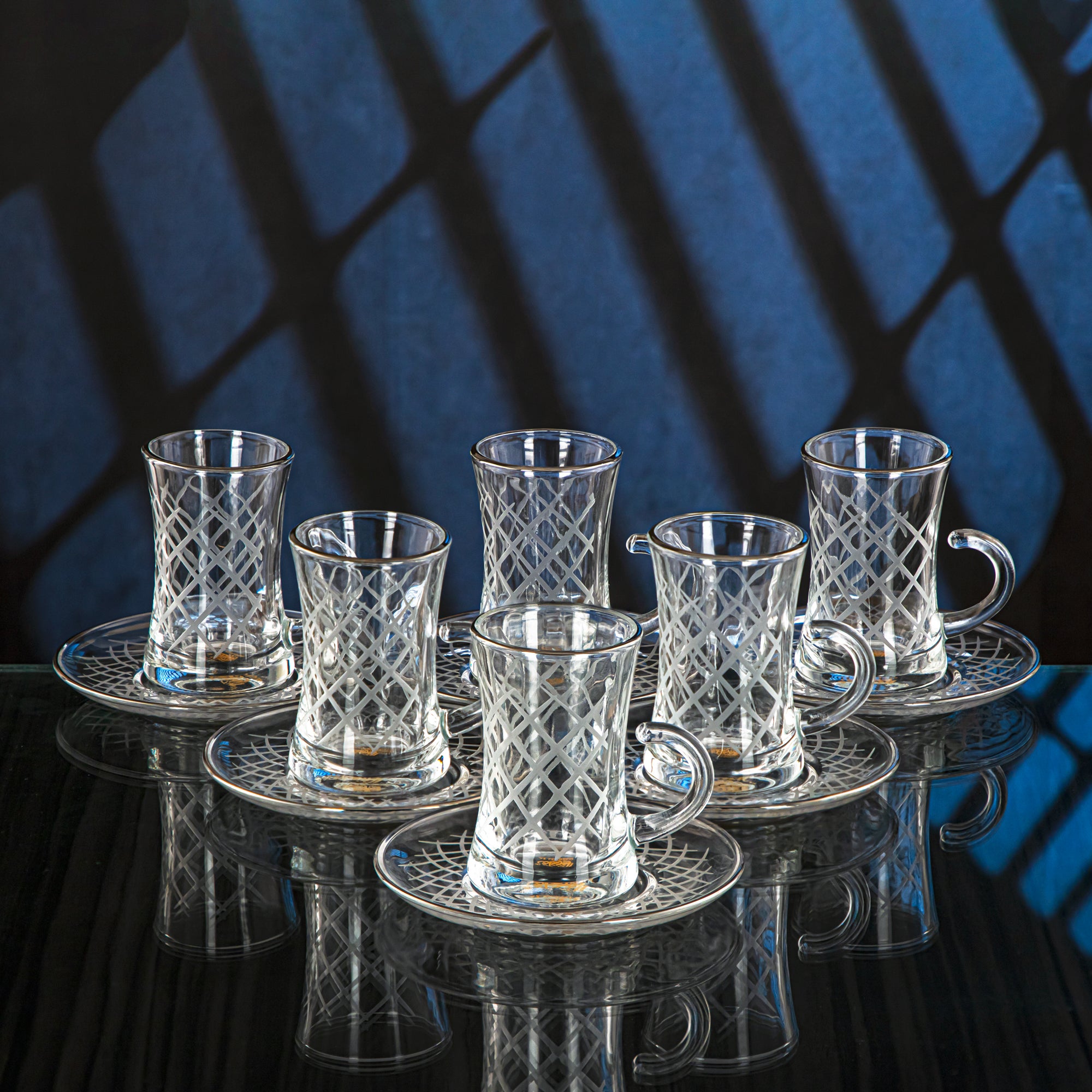 Almarjan 18 Pieces Diamond Collection Glass Tea & Coffee Set With Silver Rim - GLS2630015