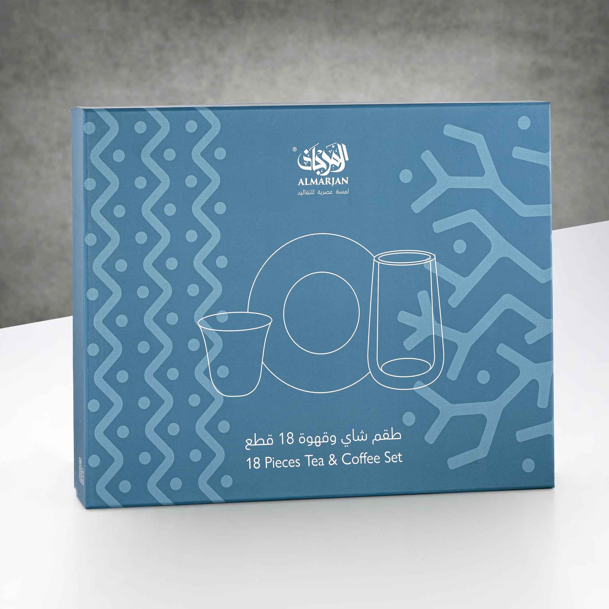 طقم أكواب الشاي والقهوة المرجان، ١٨ قطعة، شفاف بنقشة سوداء وصحون تقديم بلون أسود معدني