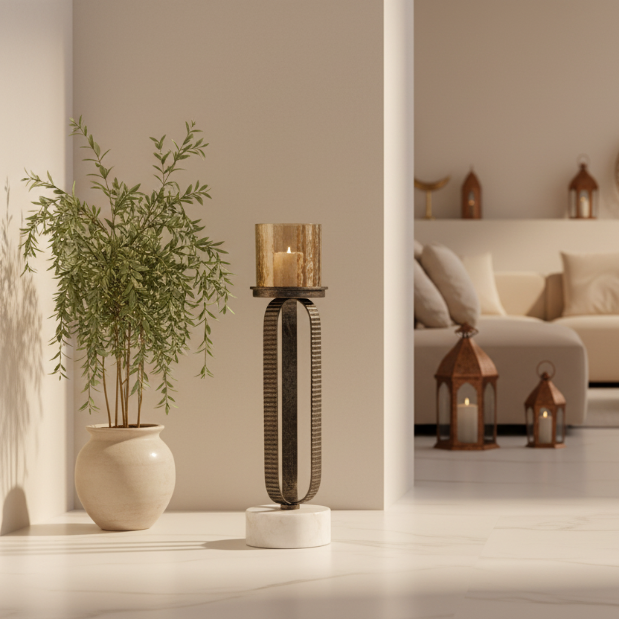 Almarjan Pillar Candle Holder 39cm Rustic Silver