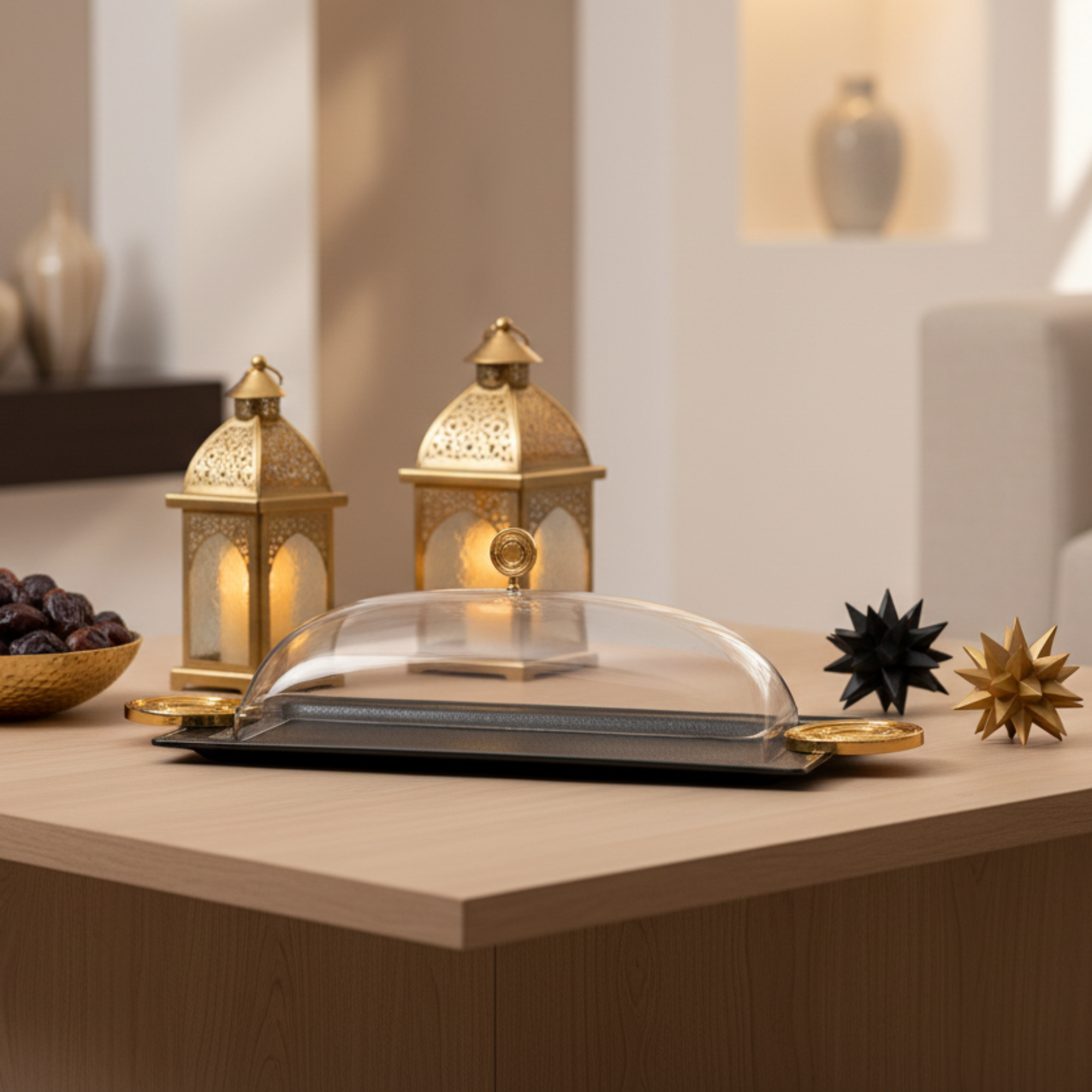 صينية تقديم المرجان مع غطاء 50 سم أسود وذهبي بتصميم متشقق