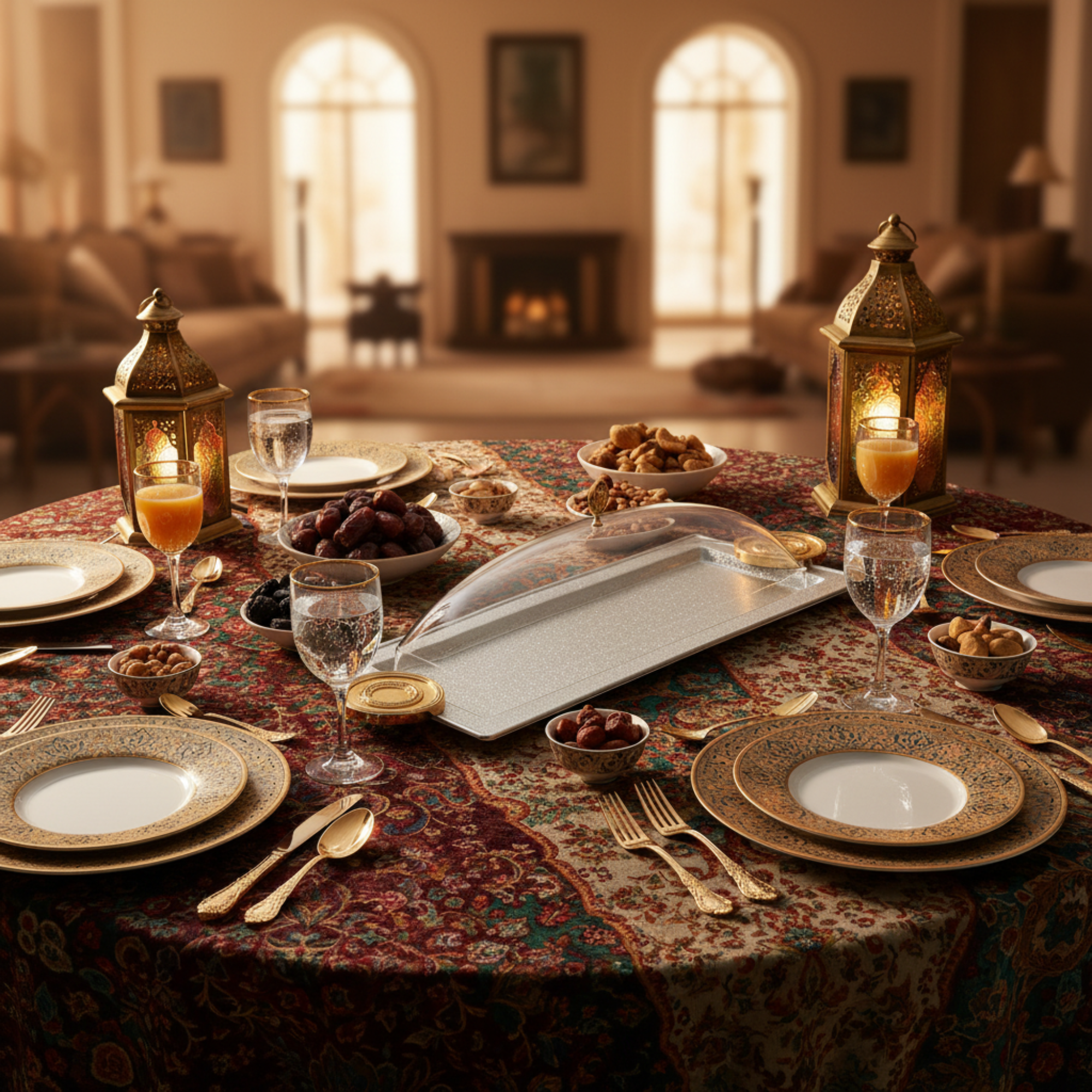 صينية تقديم المرجان مع غطاء 56 سم فضي وذهبي بتصميم متشقق