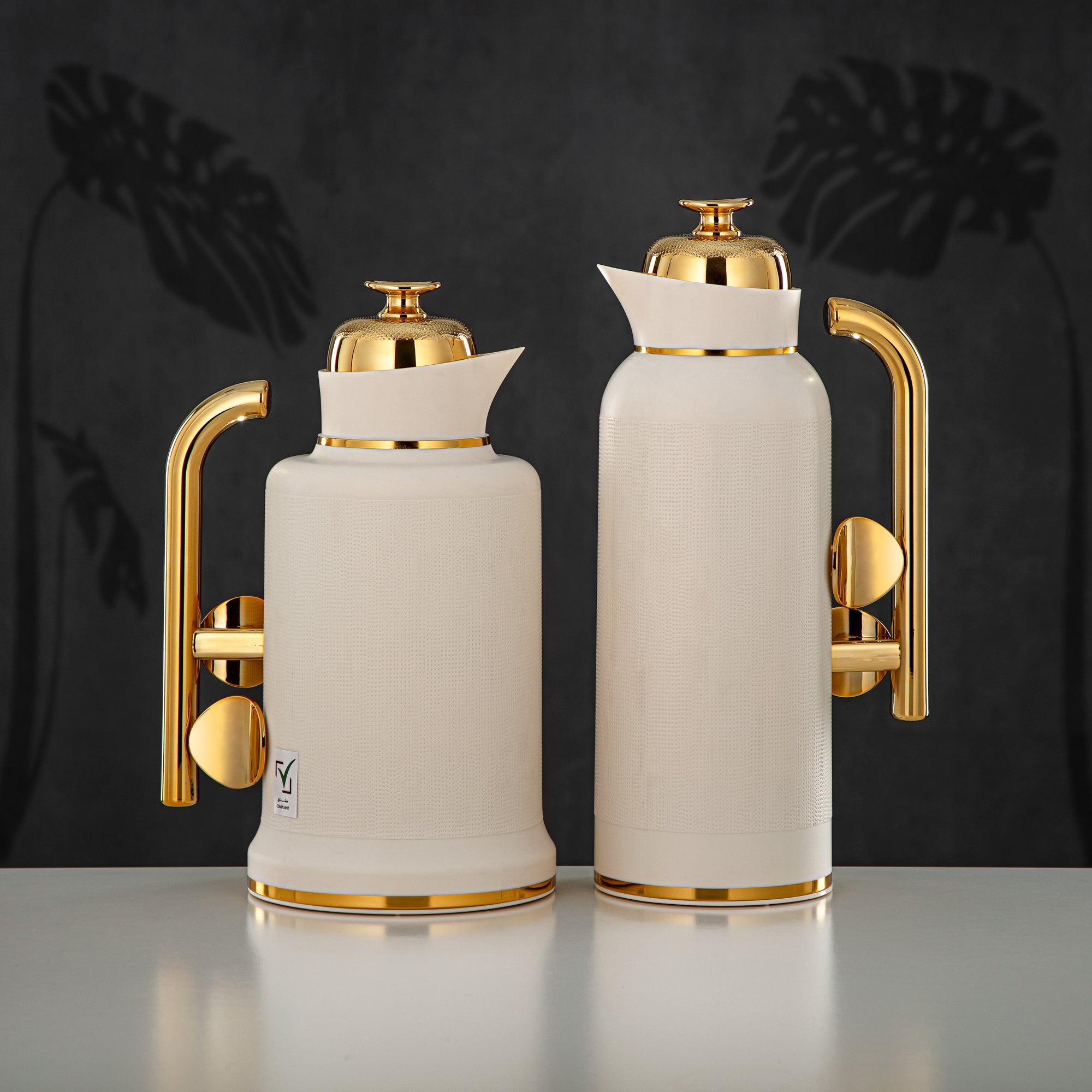 Almarjan Vacuum Flask Set, ABS, Push Button, 1L + 1L, Matt Ivory & Gold (IZ-MIVYG) - Modern Elegance