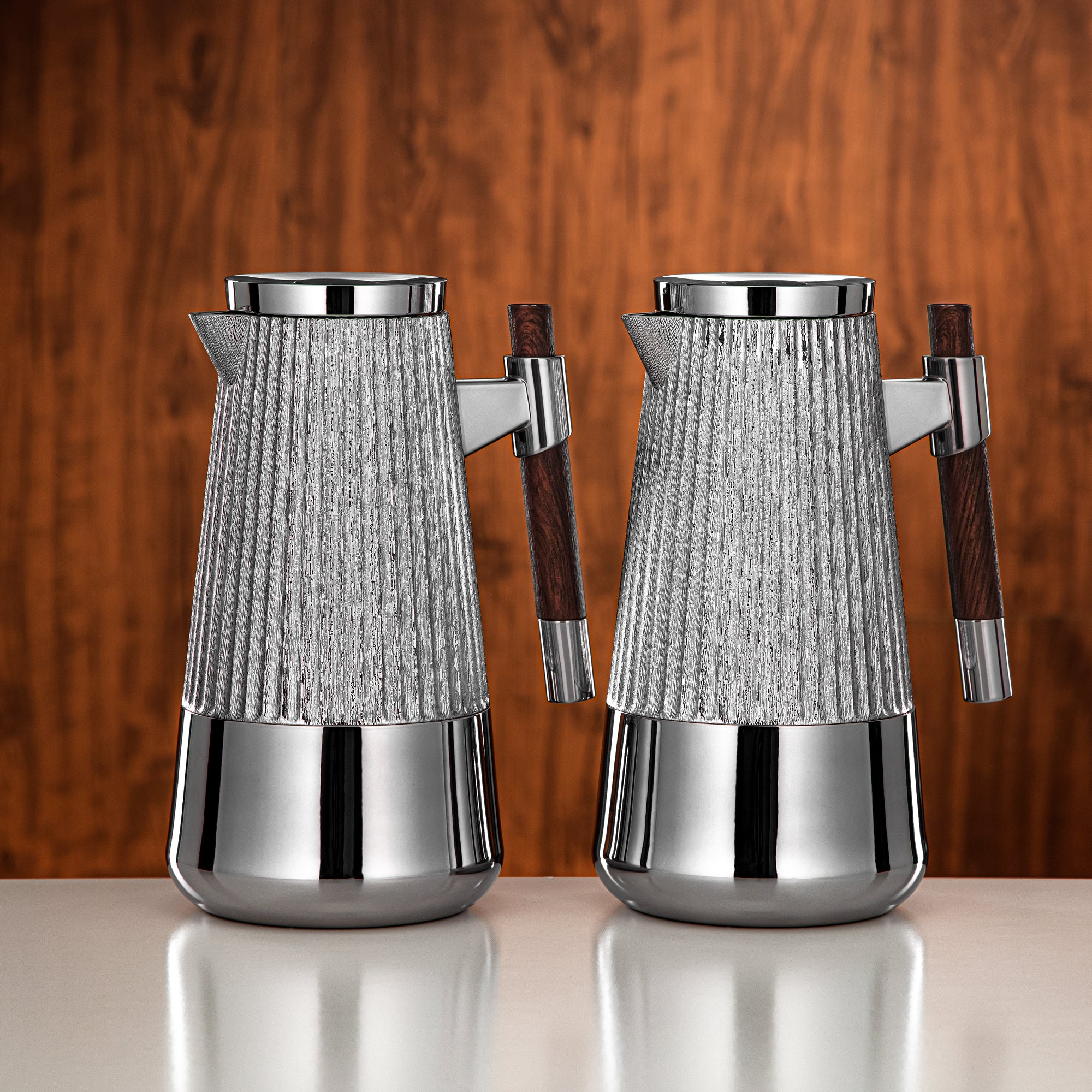 Almarjan Vacuum Flask Set 1L + 1L Silver & Matt Dark Wood