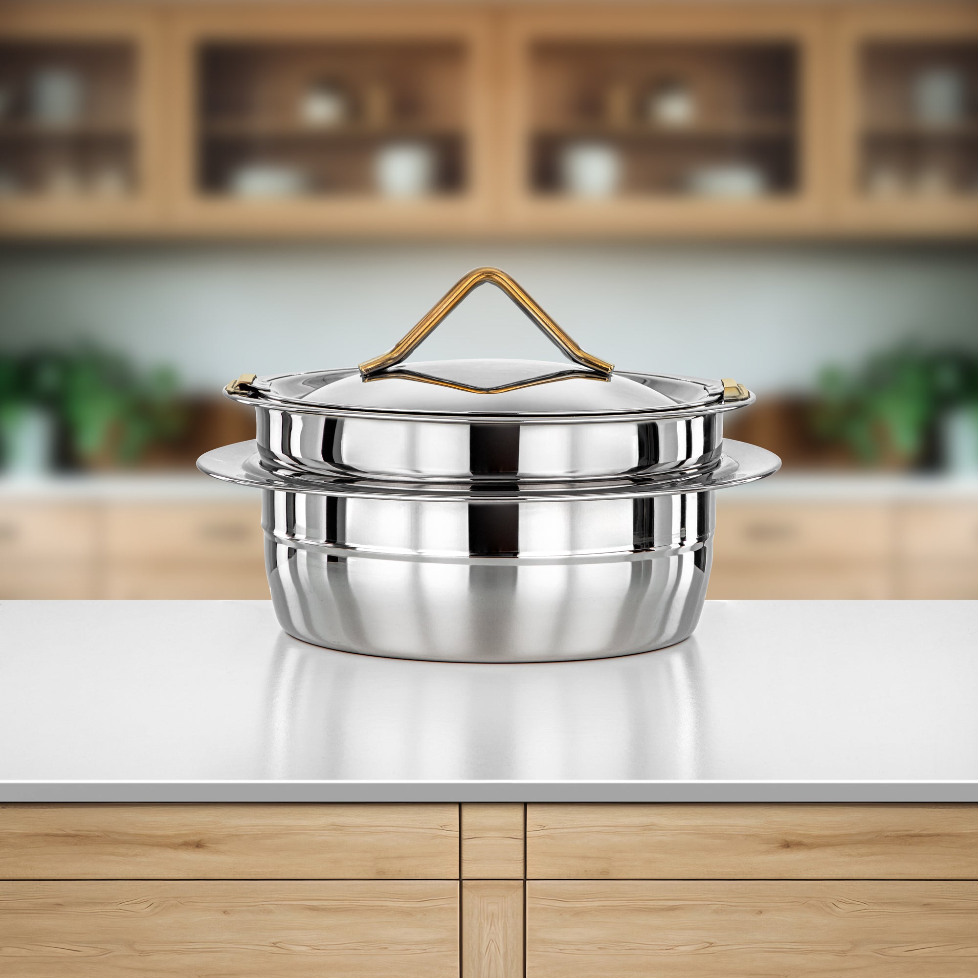 Almarjan Hot Pot Stainless Steel, 25CM (3000ML), Silver & Gold (H25PG6) - Tara Collection