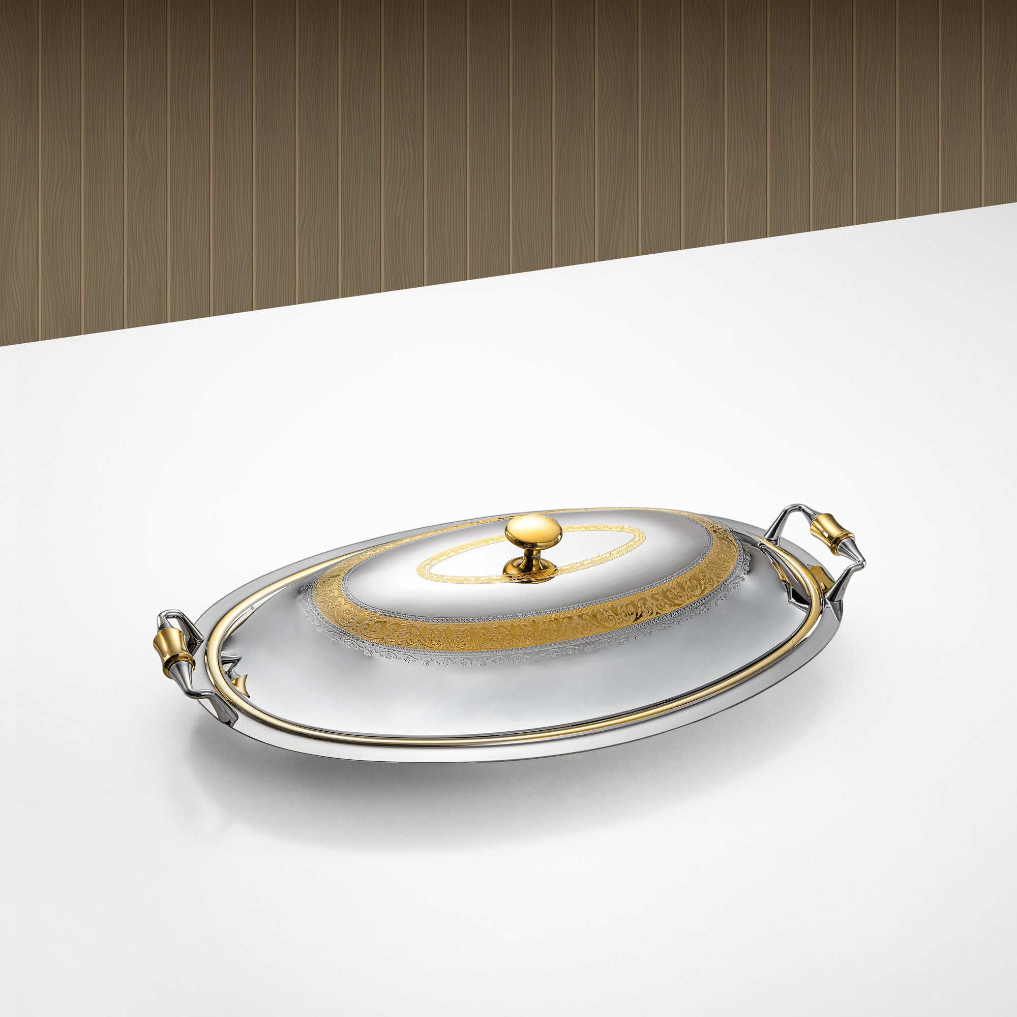 Almarjan Oval Serving Tray with Cover 50cm Silver & Gold