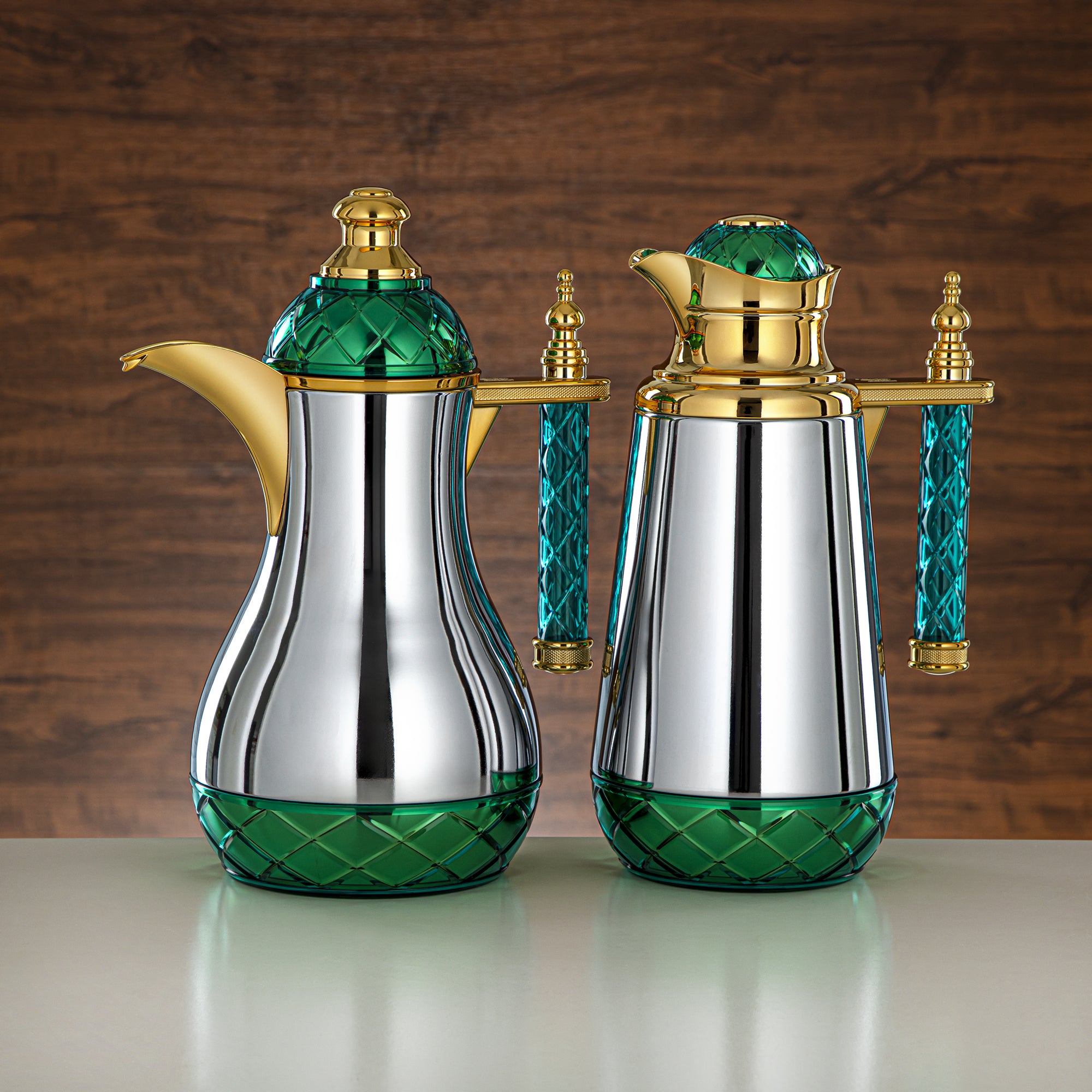 Almarjan Vacuum Flask Set, Push Button, Acrylic Handle - 0.7L + 1L, Silver, Gold & Green (CBY+CBZ-CGG) - Classic Vacuum Flasks