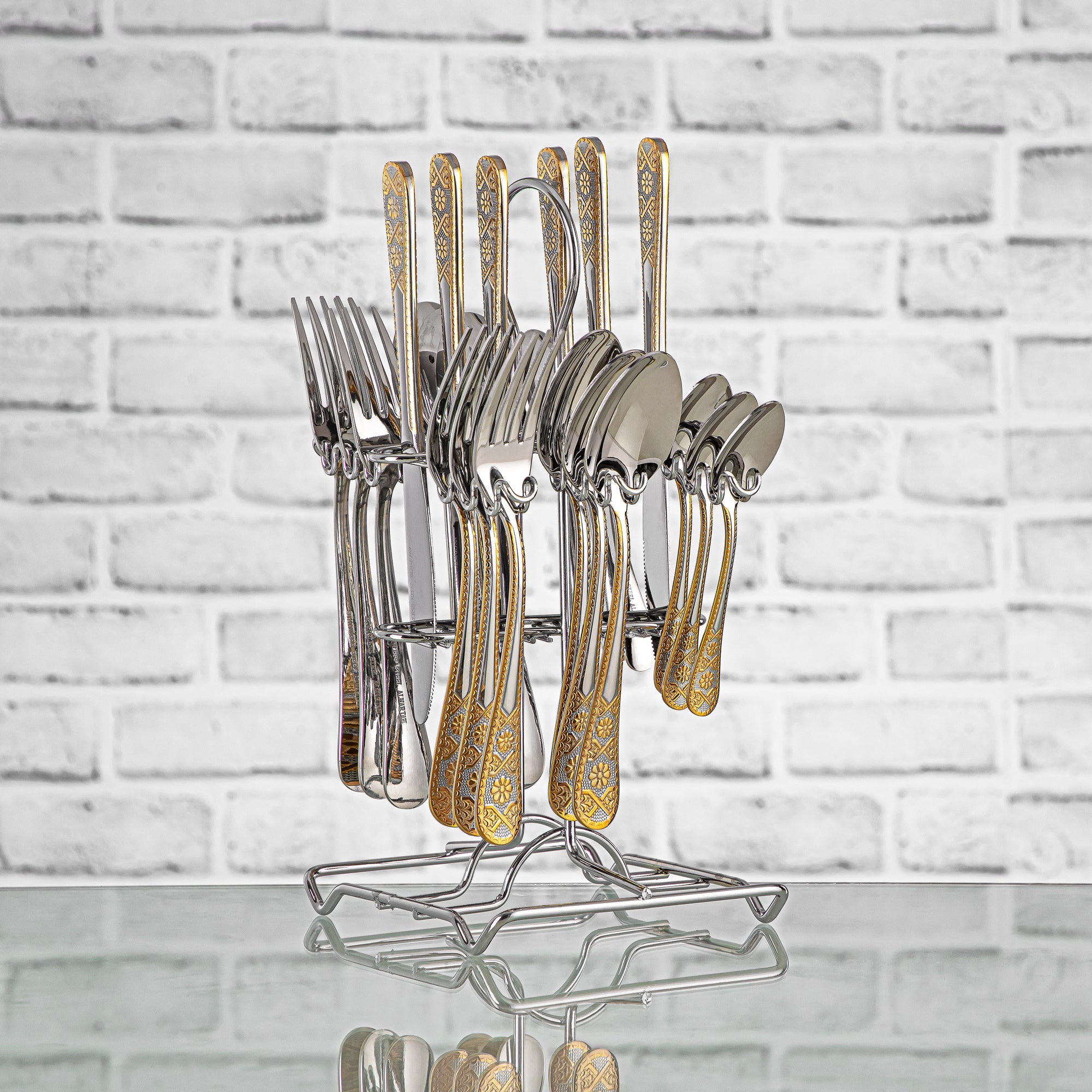 Almarjan 24 Pieces Stainless Steel Cutlery Set With Holder Silver & Gold - CUT0010205