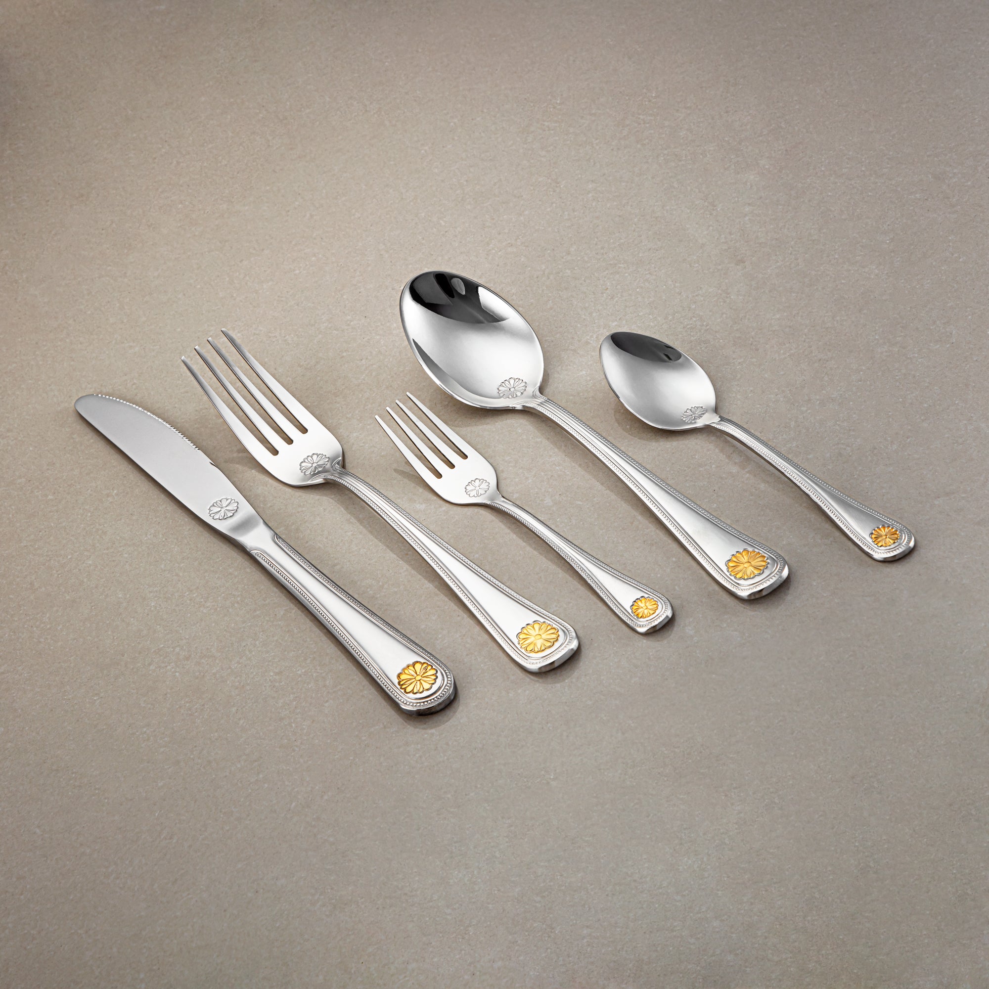 Almarjan Cutlery Set 32 Pieces, Stainless Steel, With Stand, Silver & Gold (CUT0010360) Elegant Cutlery Set