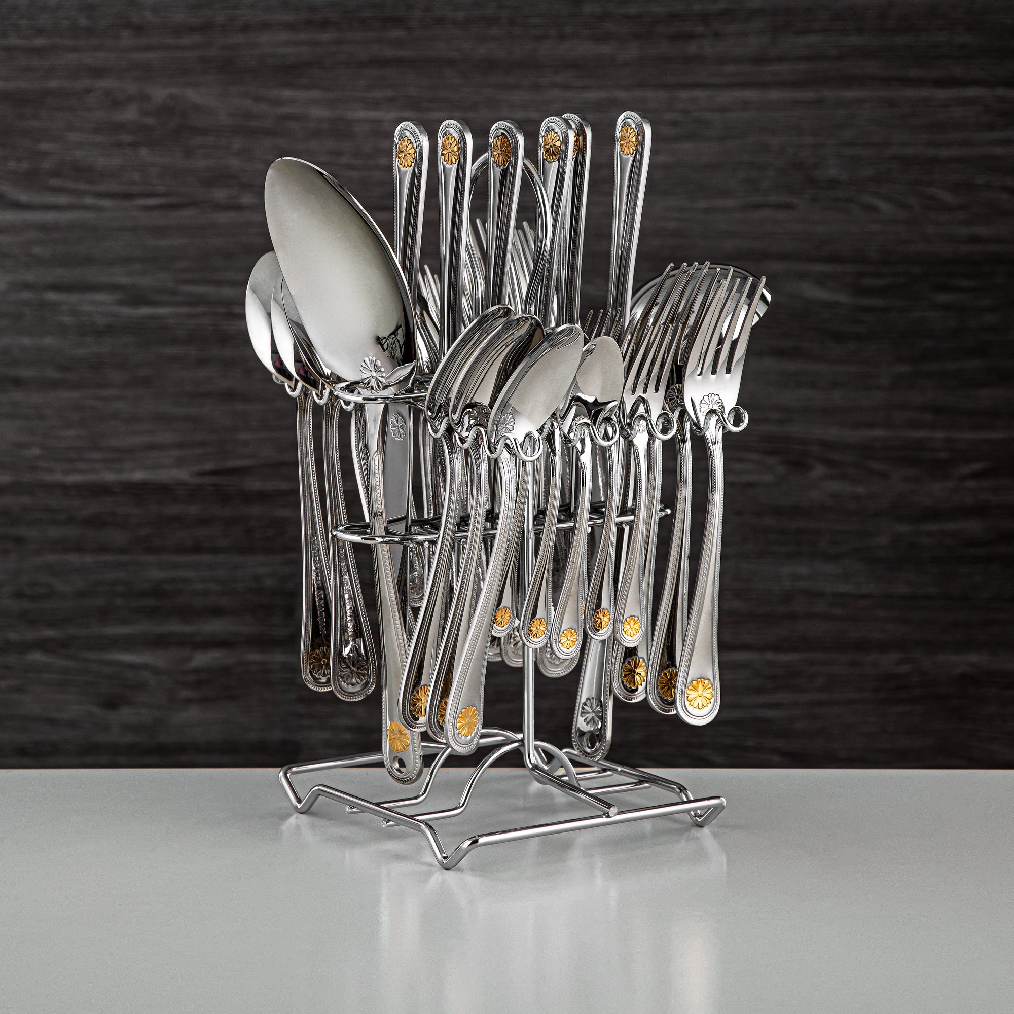 Almarjan Cutlery Set 32 Pieces, Stainless Steel, With Stand, Silver & Gold (CUT0010360) Elegant Cutlery Set