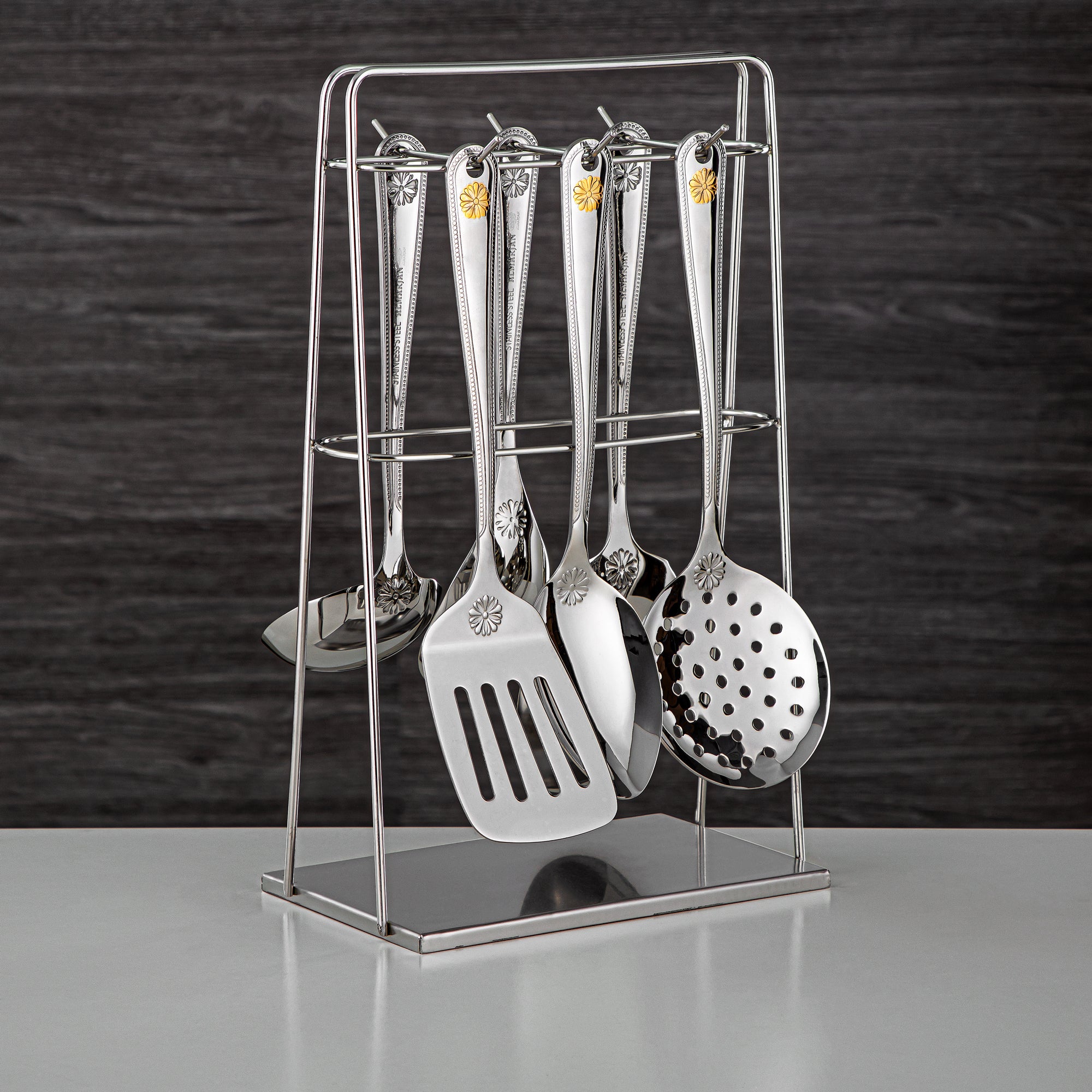 Almarjan Kitchen Tool Set 7 Pieces, Stainless Steel, With Stand, Silver & Gold (CUT0010384) Elegant Flatware