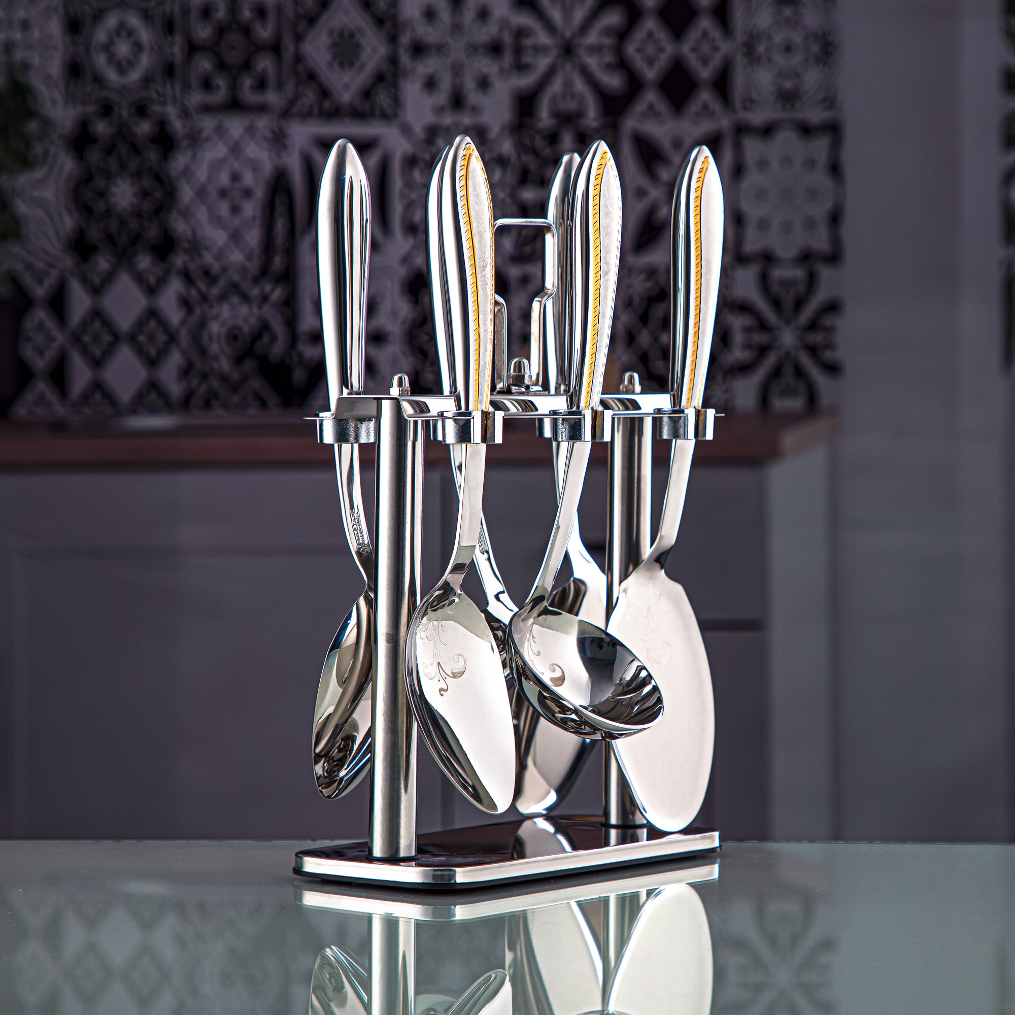 Almarjan 7 Pieces Stainless Steel Kitchen Tools Set With Holder Silver & Gold - DA273GLA020S