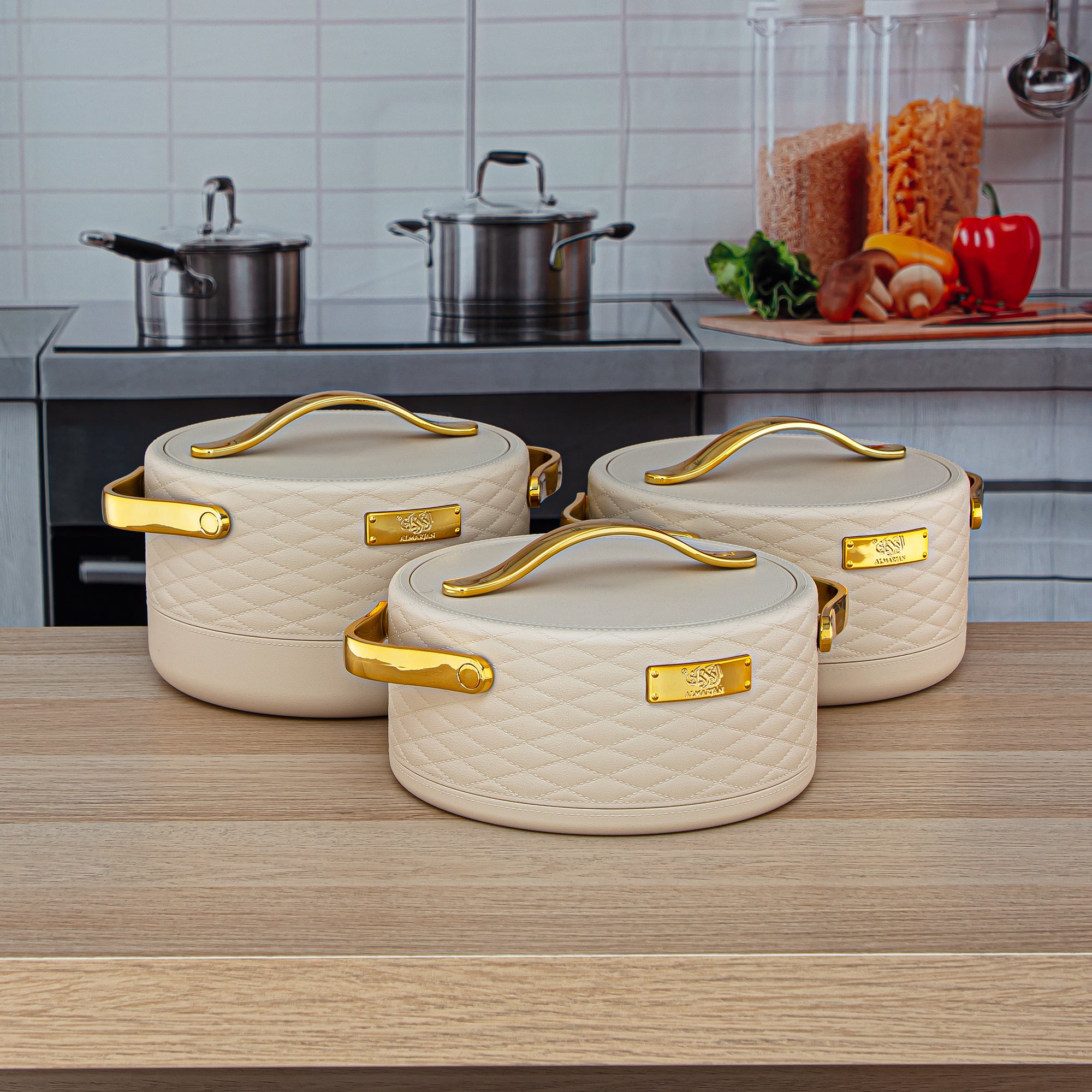 Almarjan 3 Pieces Plastic Hot Pot Set Beige & Gold - EHP-150/200/250 BG/G