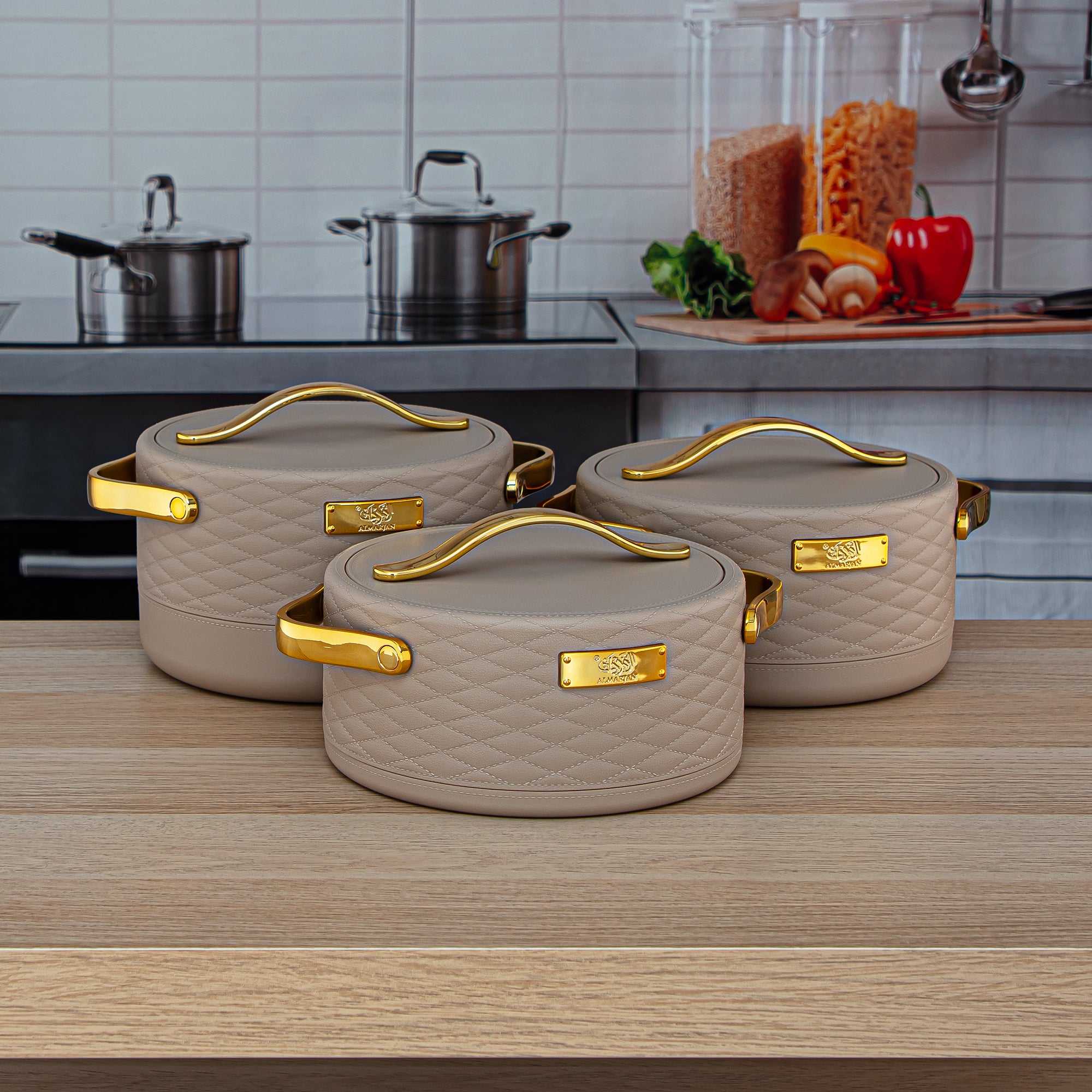 Almarjan 3 Pieces Plastic Hot Pot Set Khaki & Gold - EHP-150/200/250 SD/G