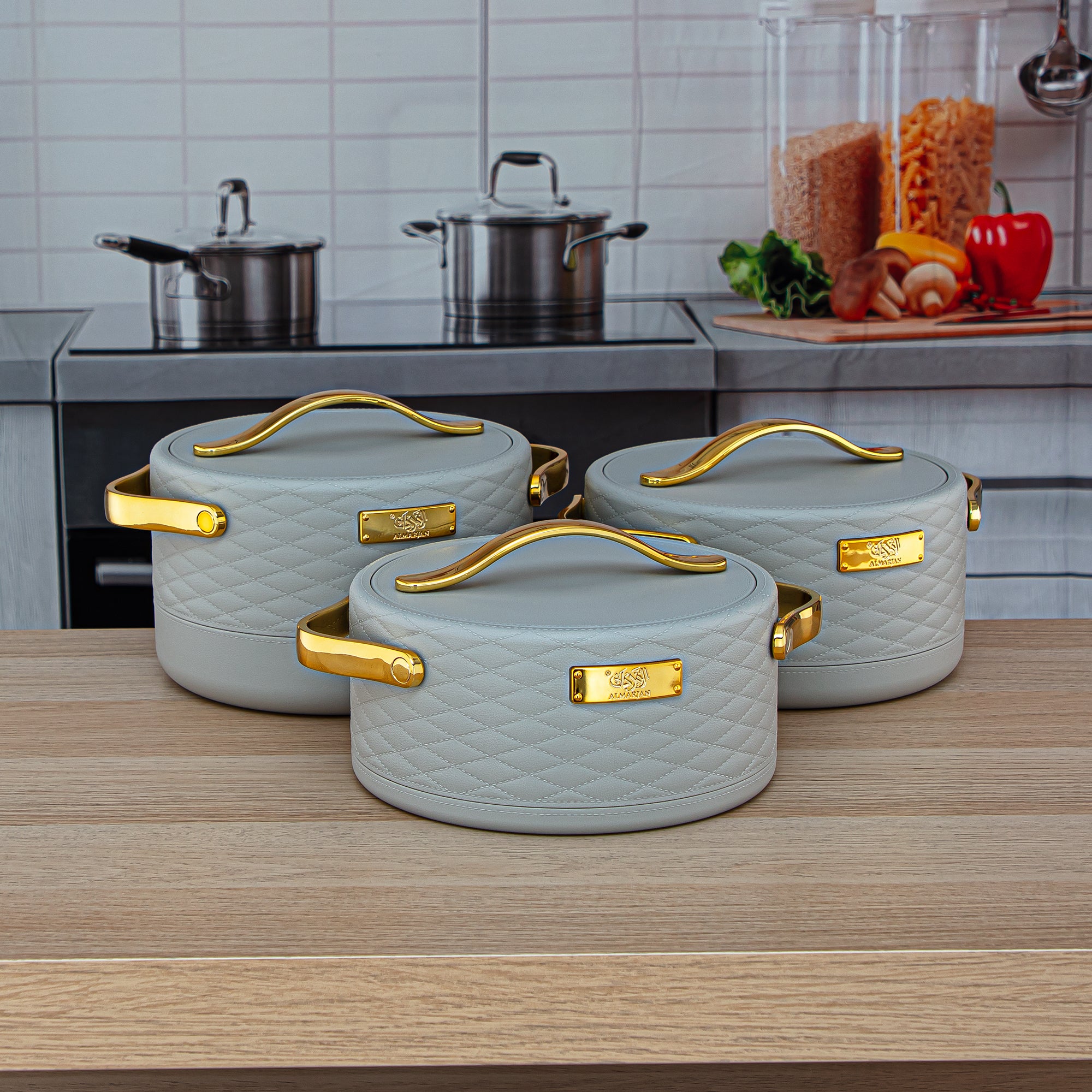 Almarjan 3 Pieces Plastic Hot Pot Set Light Grey & Gold - EHP-150/200/250 SG/G