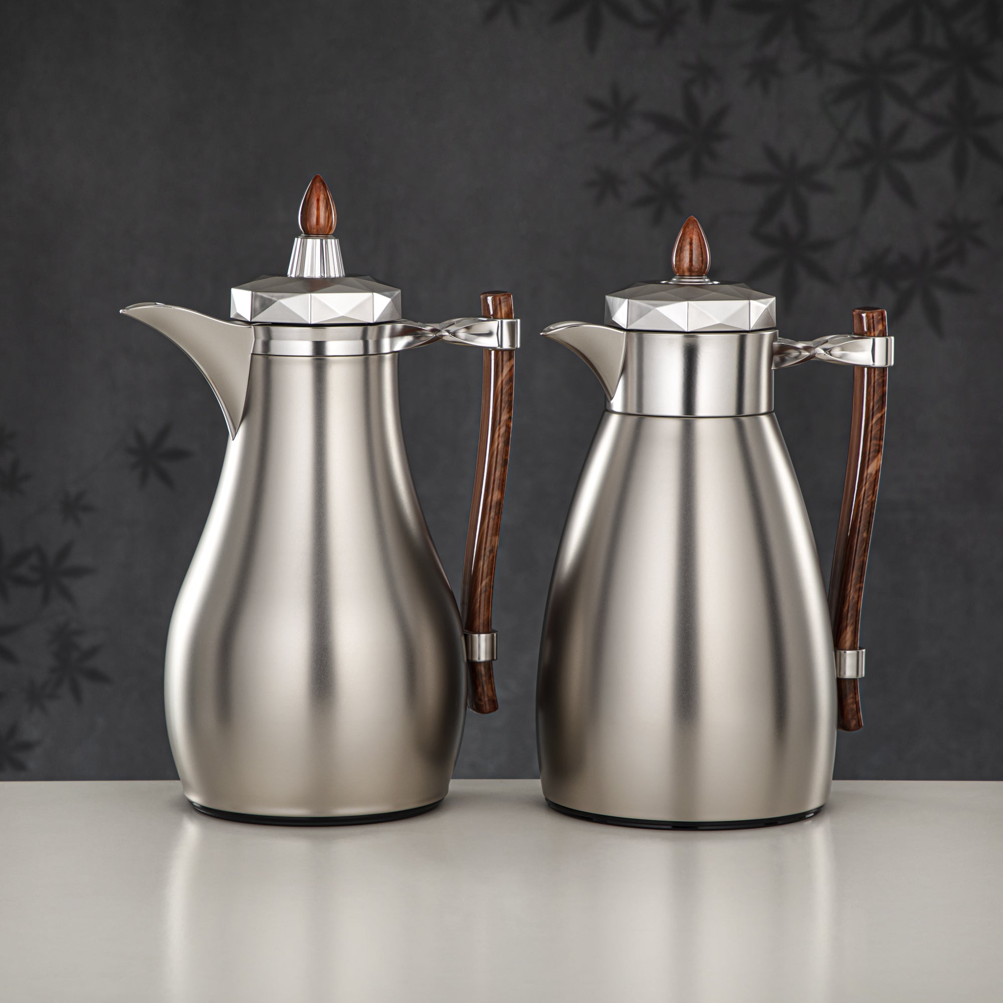 Almarjan Vacuum Flask Set, Push Button - 1L + 1L, Matt Silver & Mahogany (FG806AB-100 MC/PBR) - Tea & Coffee Tradition