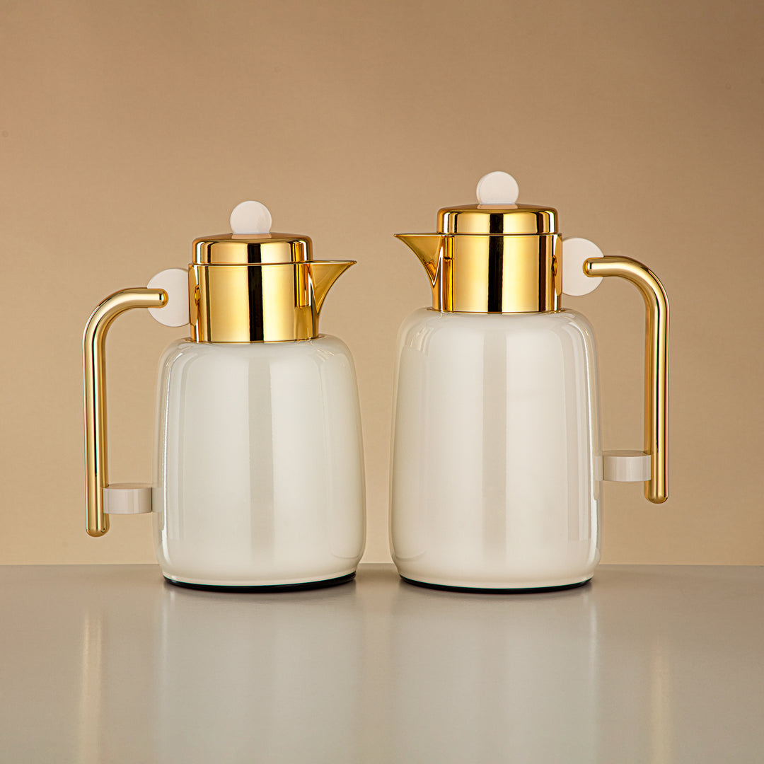 Almarjan Vacuum Flask Set - 0.7L + 1L, Ivory & Gold (FG808-070/100 IV/G) - For Serving Tea & Coffee