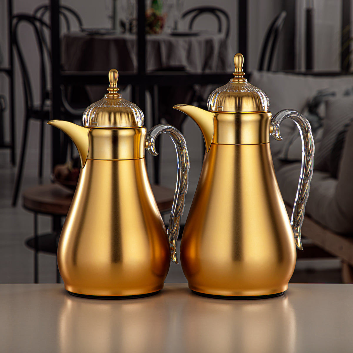 Almarjan Vacuum Flask Set, Push Button, 0.7L + 1L, Matt Gold & Transpa