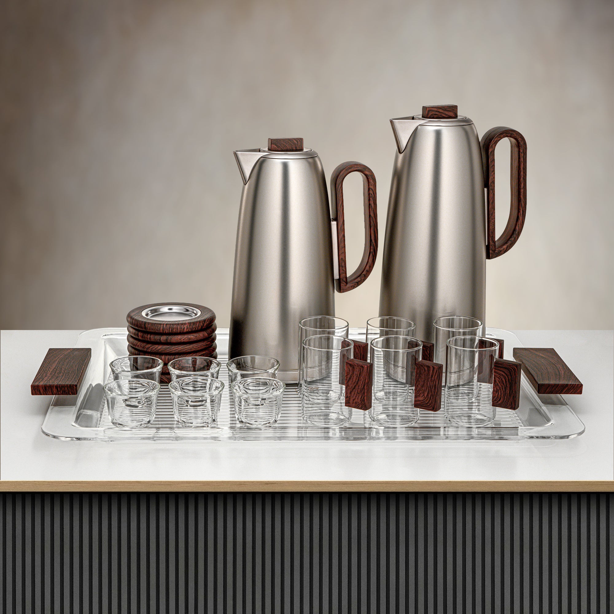 Almarjan Tea & Coffee Set 21 Pieces Matte Nickel & Dark Wood