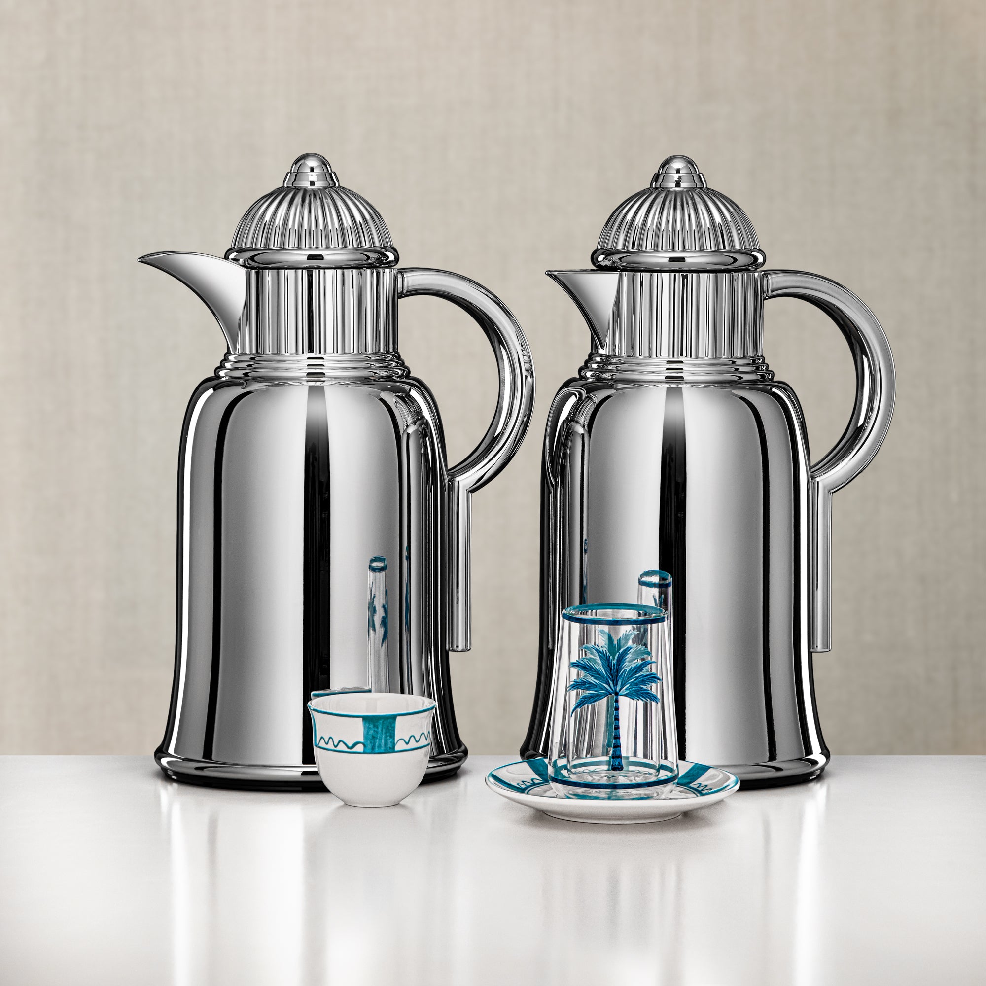 طقم تيرموس المرجان مع إبريق شاي، 20 قطعة، تصميم نخلة فضي