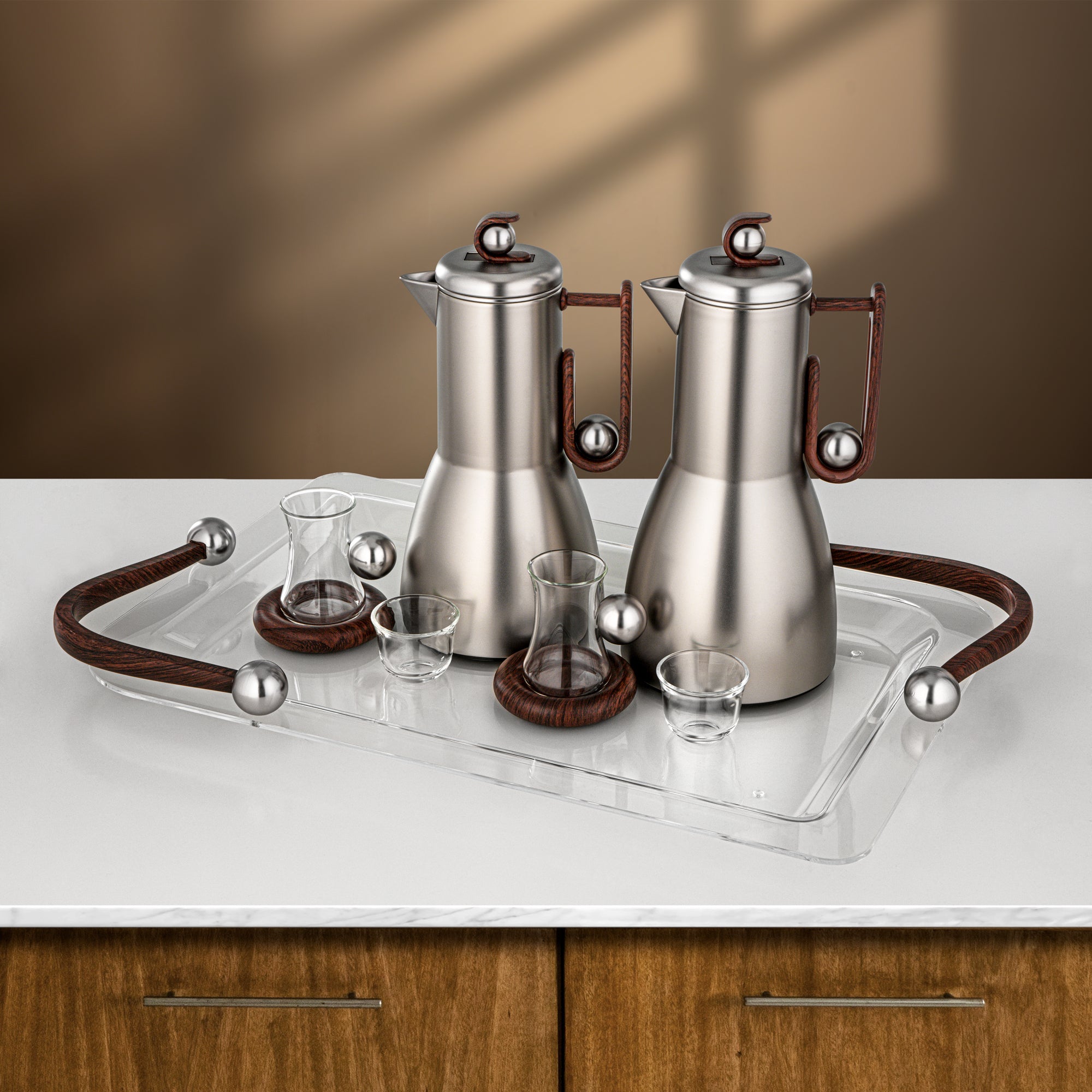 Almarjan Tea & Coffee Set 21 Pieces Matt Nickel & Dark Wood