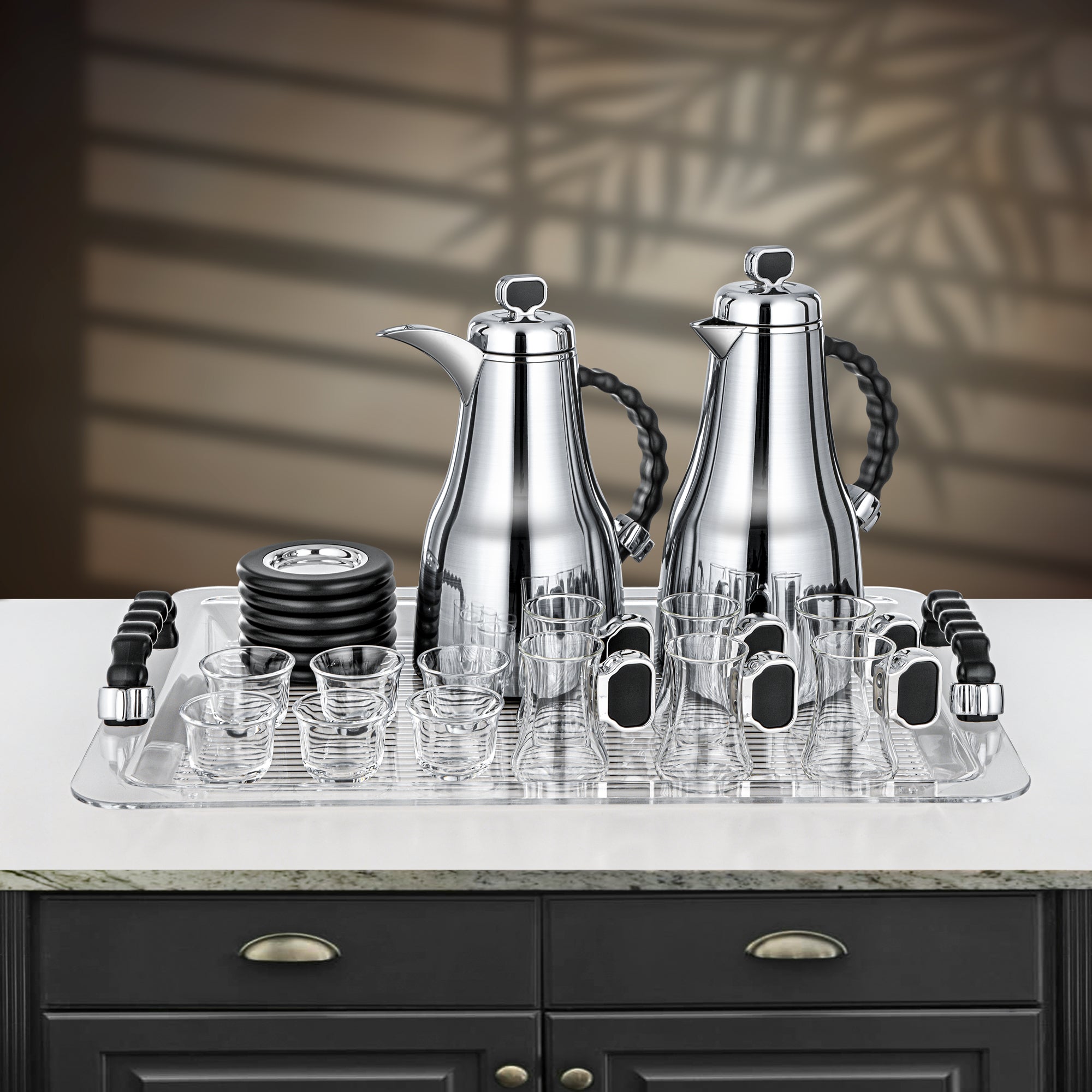 Almarjan 21 Pieces Tea & Coffee Set, Brushed Silver & Black