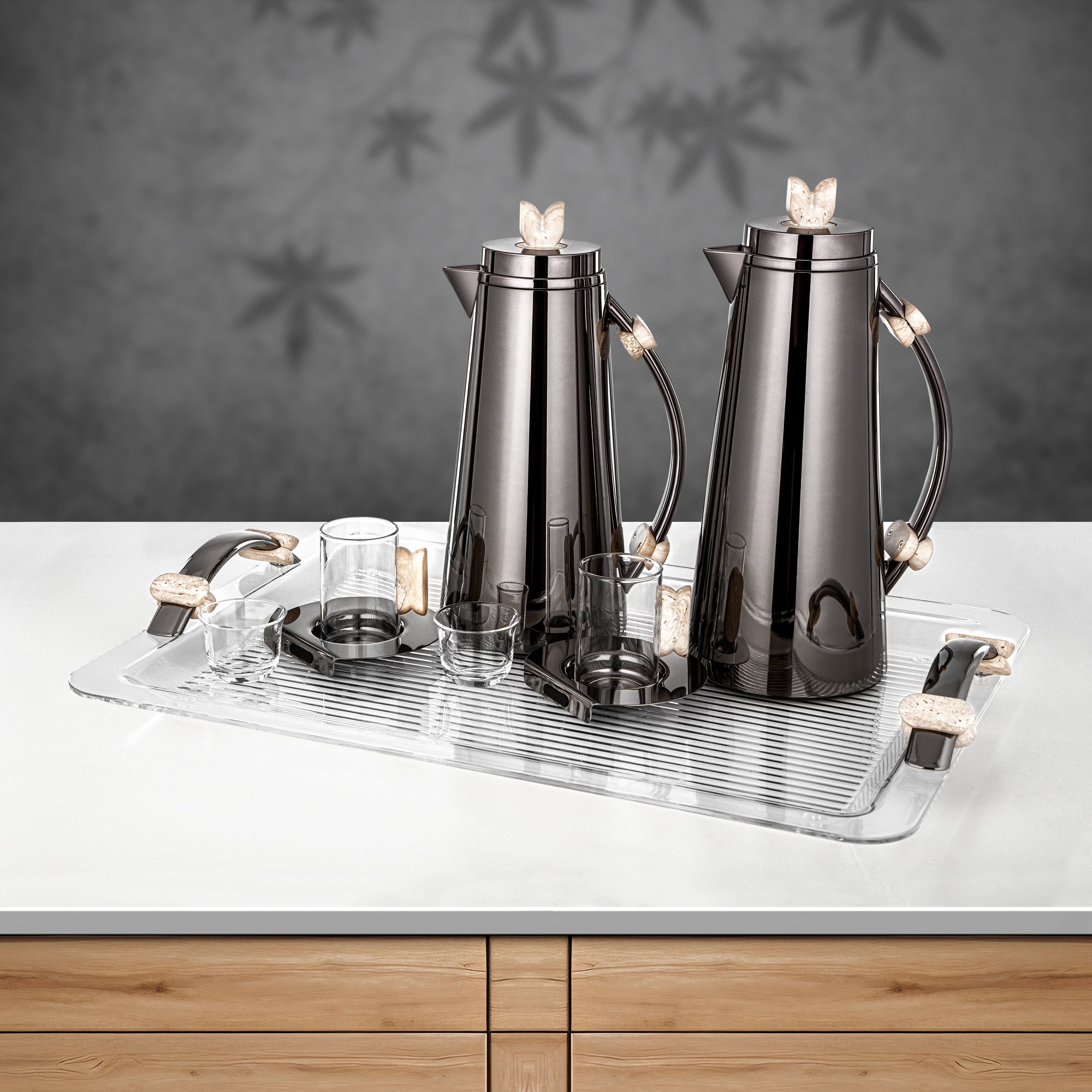Almarjan 21 Pieces Tea & Coffee Set, Gun Black & Travertine Marble