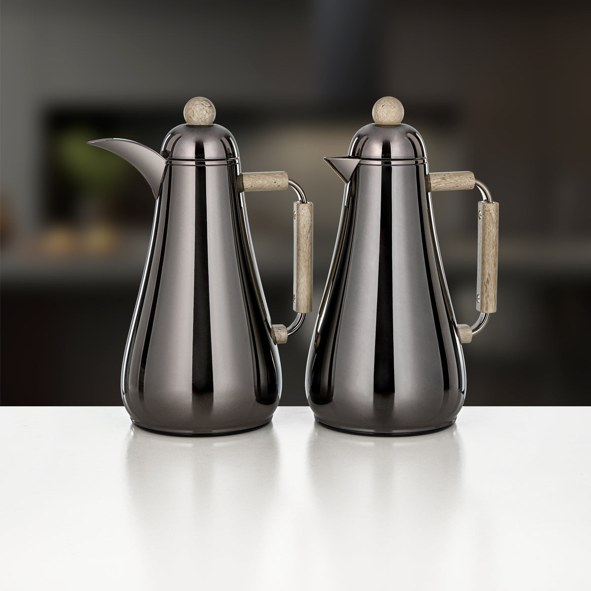 Almarjan 2 Pieces Vacuum Flask Set, Gun Black & Travertine Marble