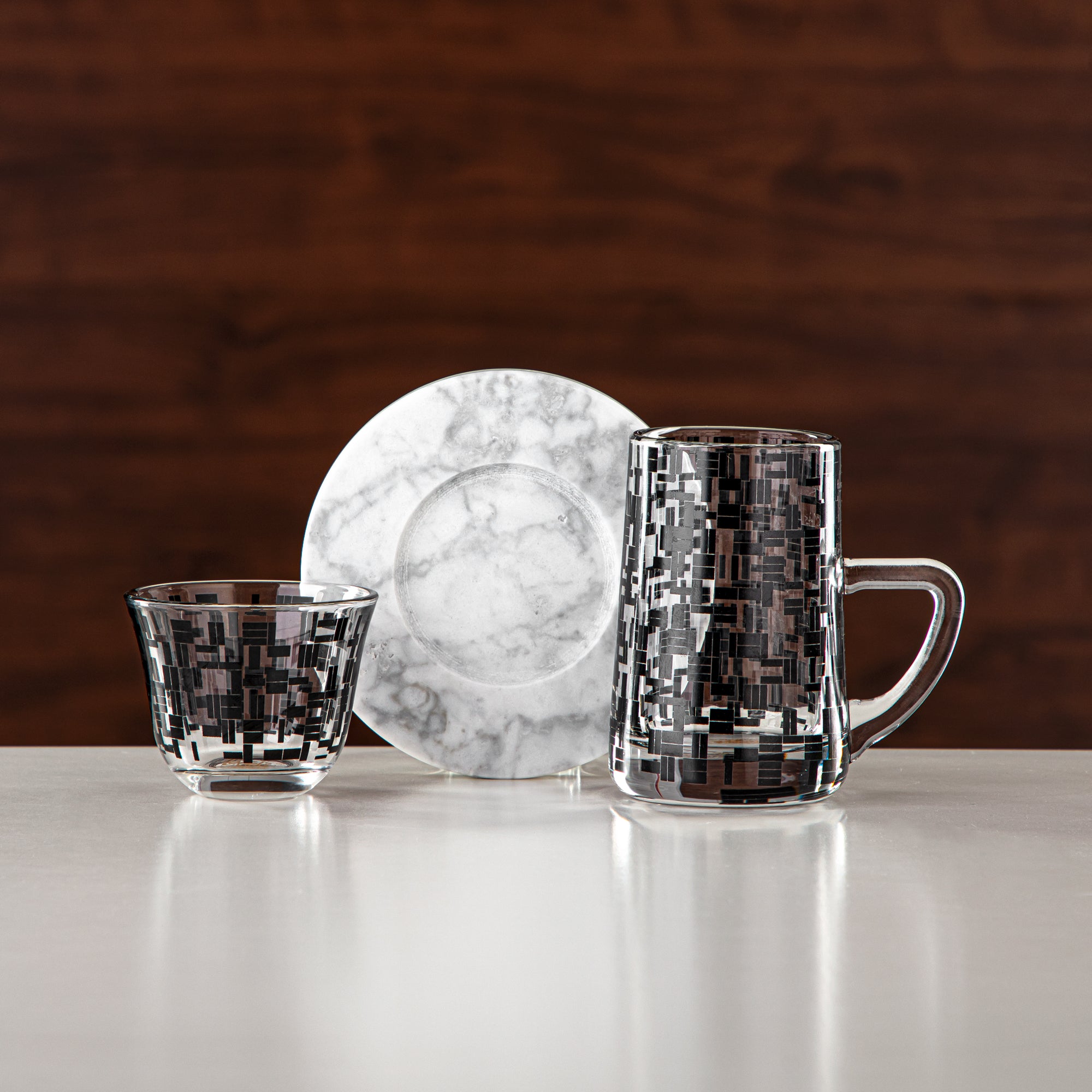 Almarjan Tea & Coffee Set 18 Pieces, Glass, Black & Marble (GLS2630067) - Chich Serveware