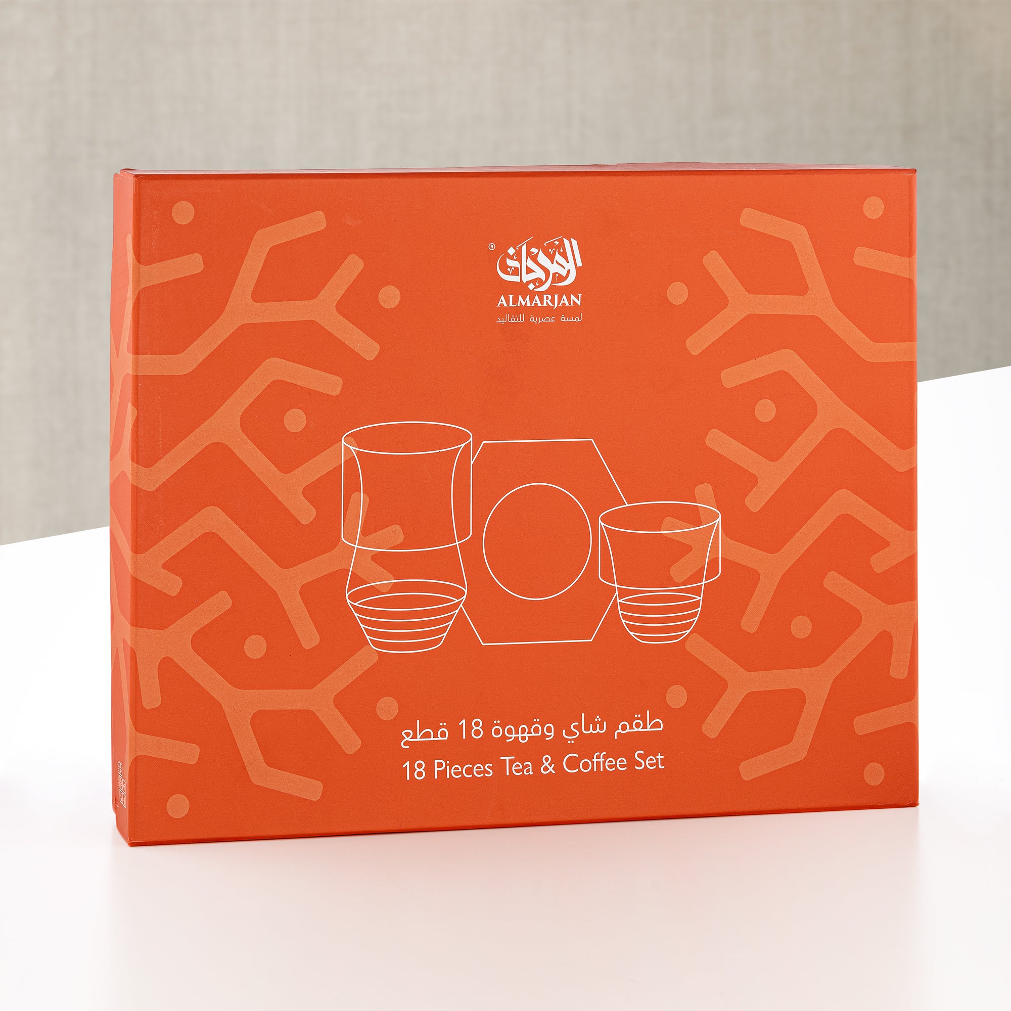 طقم أكواب الشاي والقهوة المرجان، ١٨ قطعة، شفاف مع صحون رخامية