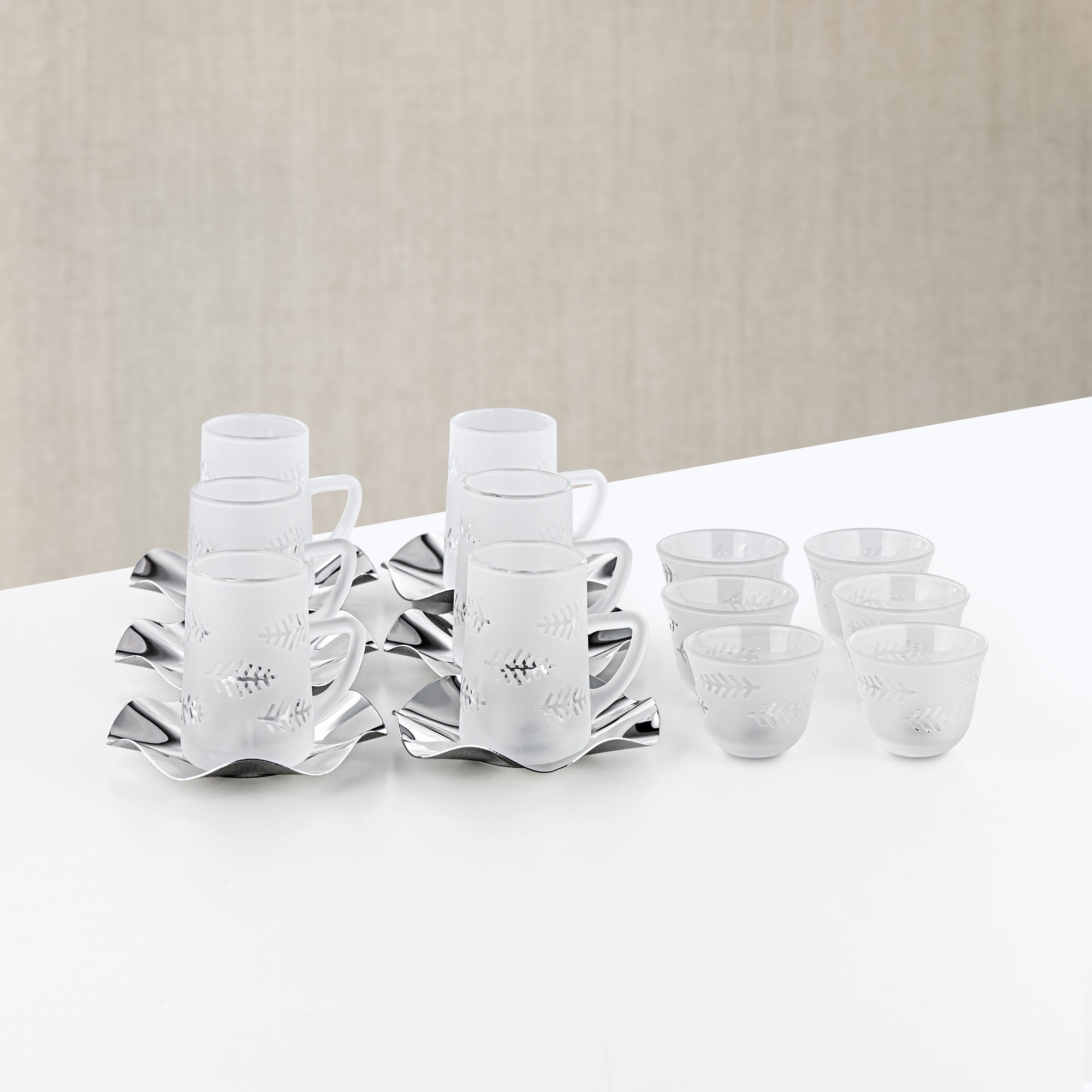 Almarjan Tea & Arabic Coffee Set 18 Pieces Frost Glass & Stainless Steel
