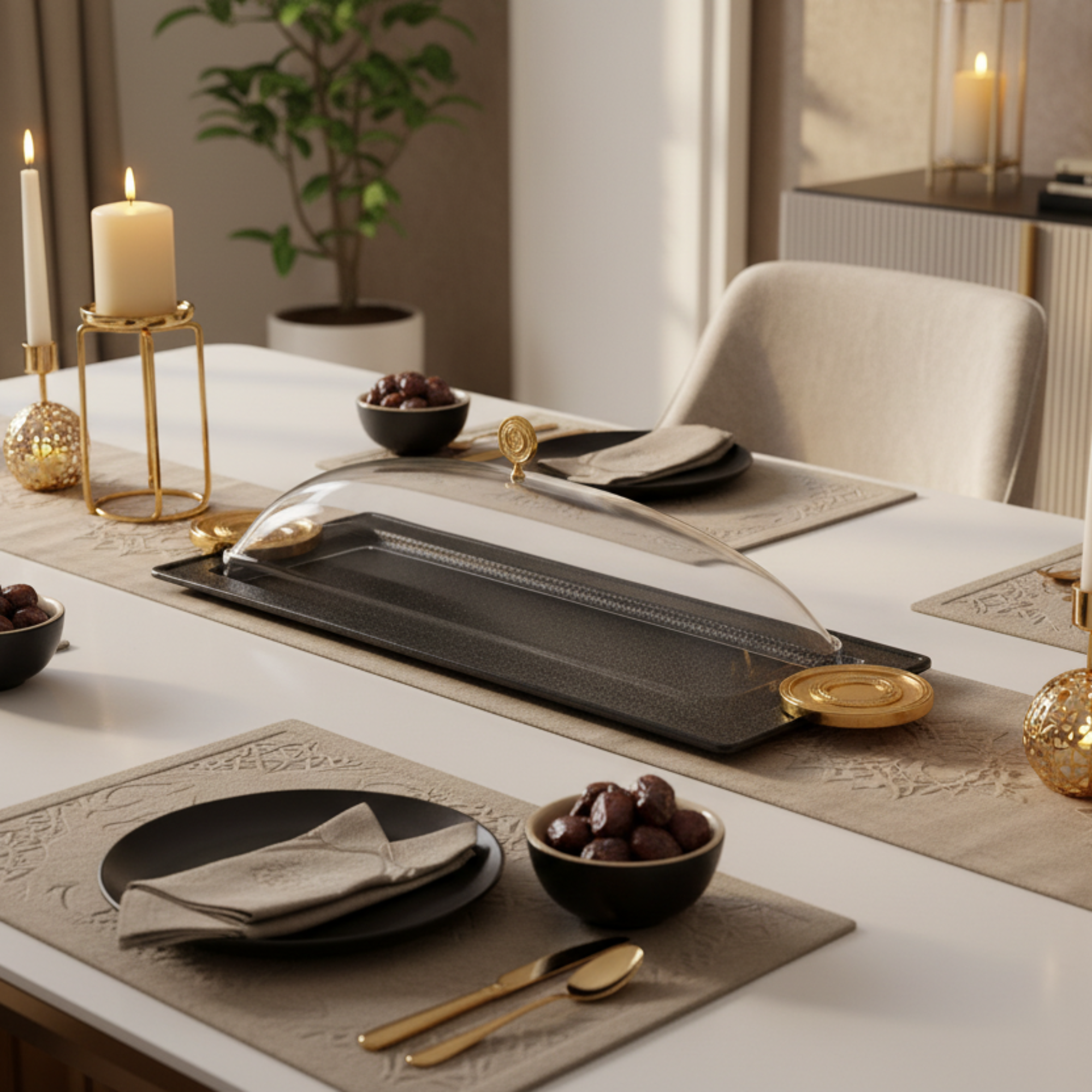 صينية تقديم المرجان مع غطاء 56 سم أسود وذهبي بتصميم متشقق