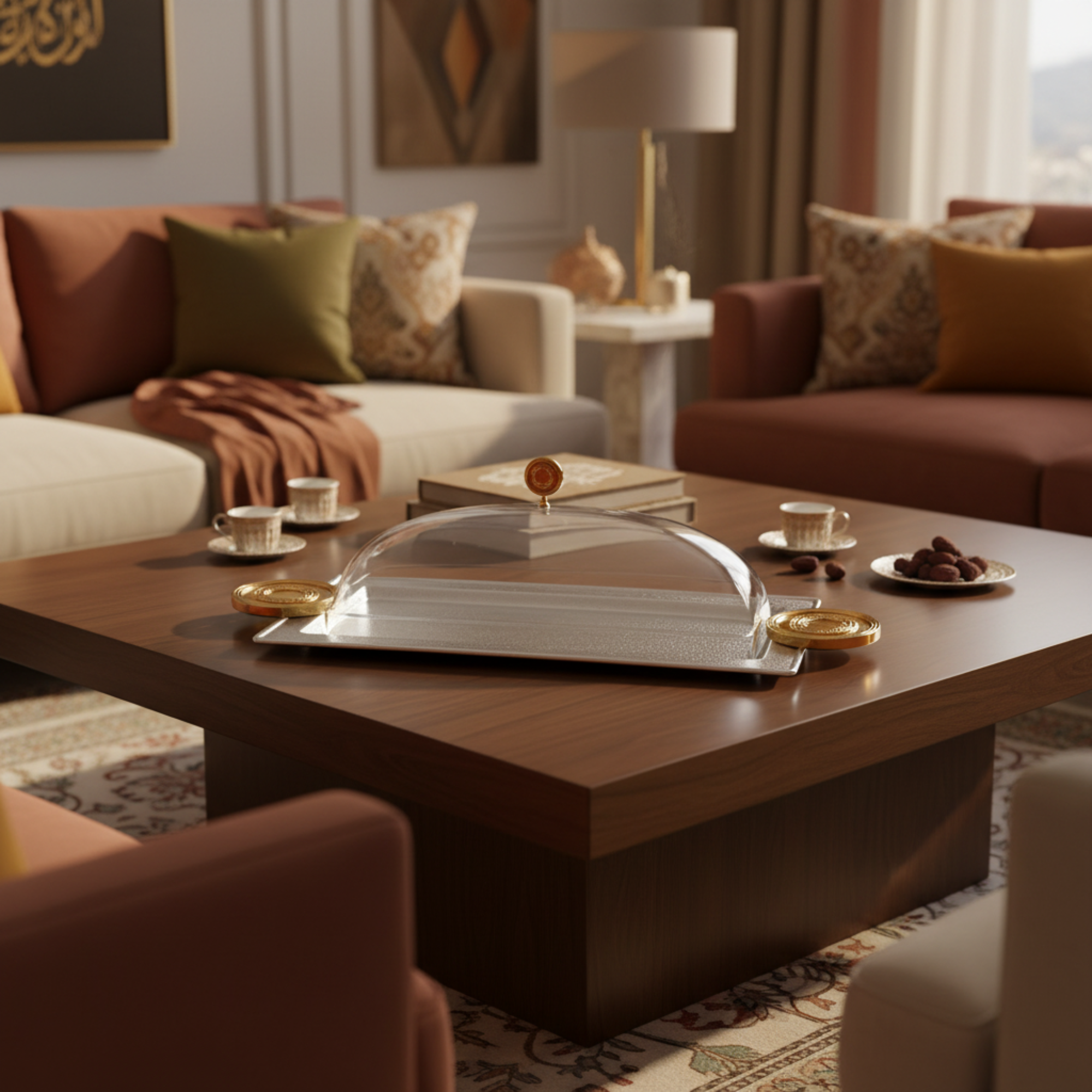 صينية تقديم المرجان مع غطاء 50 سم فضي وذهبي بتصميم متشقق