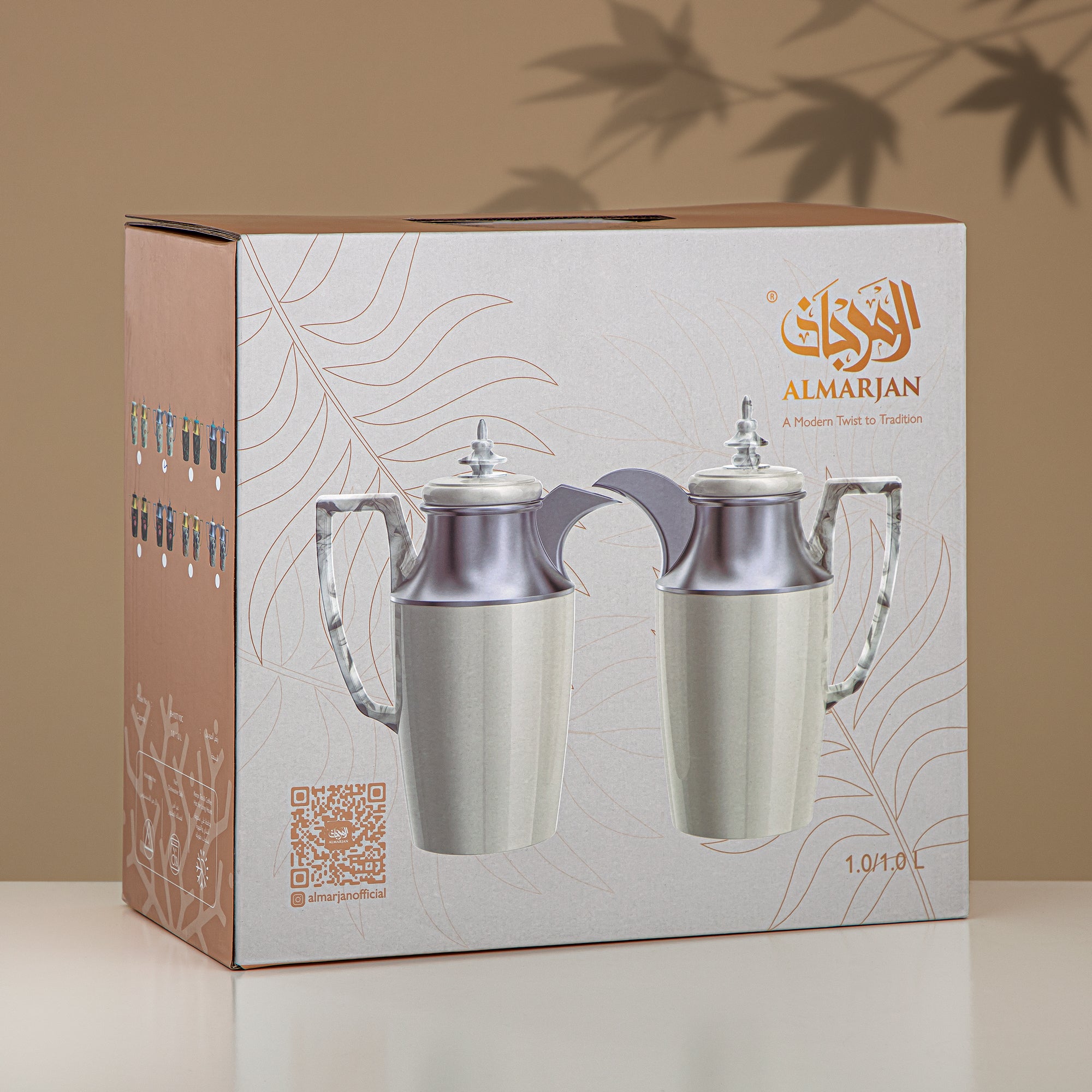 Almarjan Vacuum Flask Set, Push Button, 1L + 1L, Floral & Matt Gold (JBH10T/10C-AZ04G) - Tea & Coffee Vacuum Flask